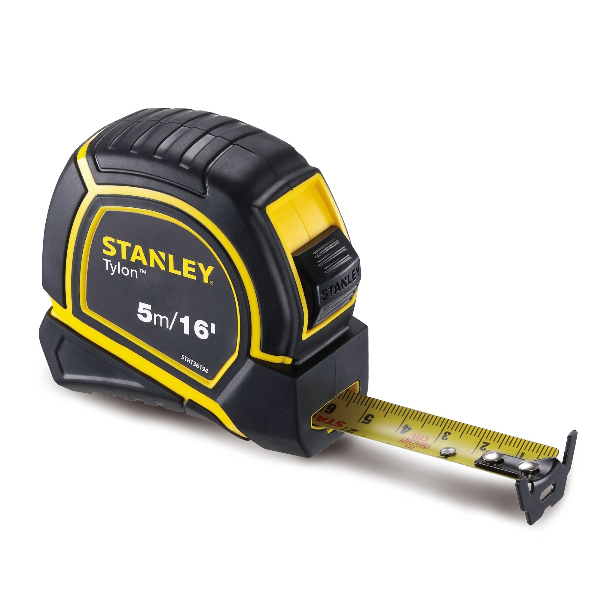 STANLEY STHT36194 tape measure, 5m/16ft, black and yellow, angled view, extended measuring tape on white background.