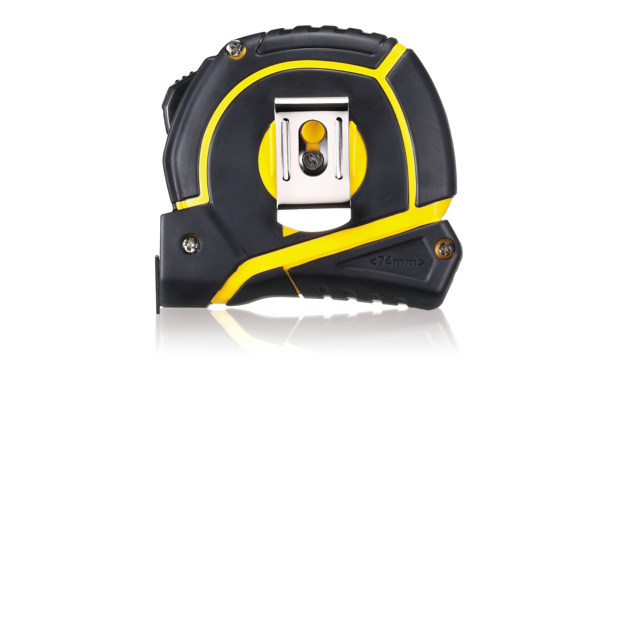 STANLEY STHT36194 black and yellow tape measure, photography, side view showing belt clip.