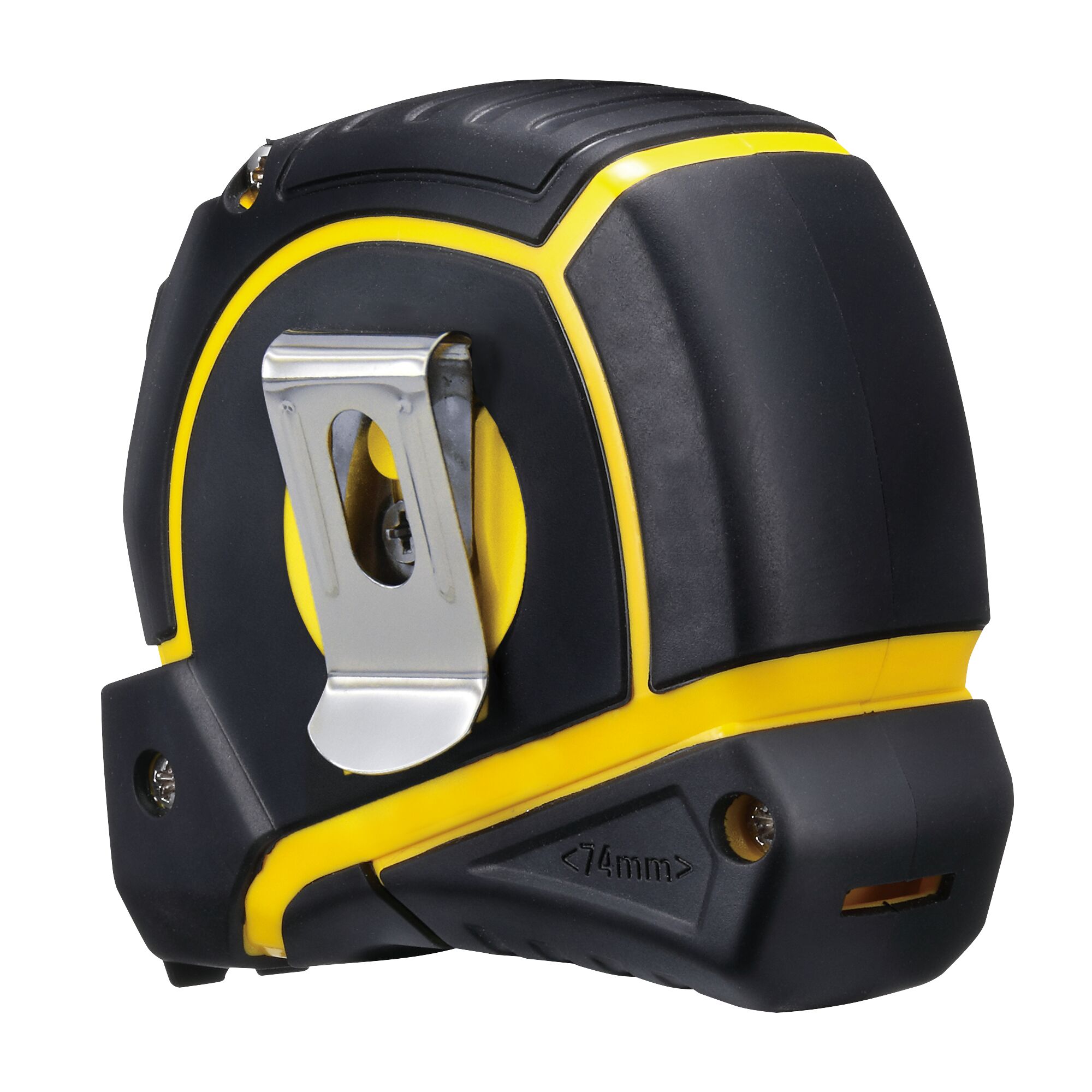 STANLEY STHT36194 tape measure with black and yellow casing, metal belt clip, rear angle on white background.