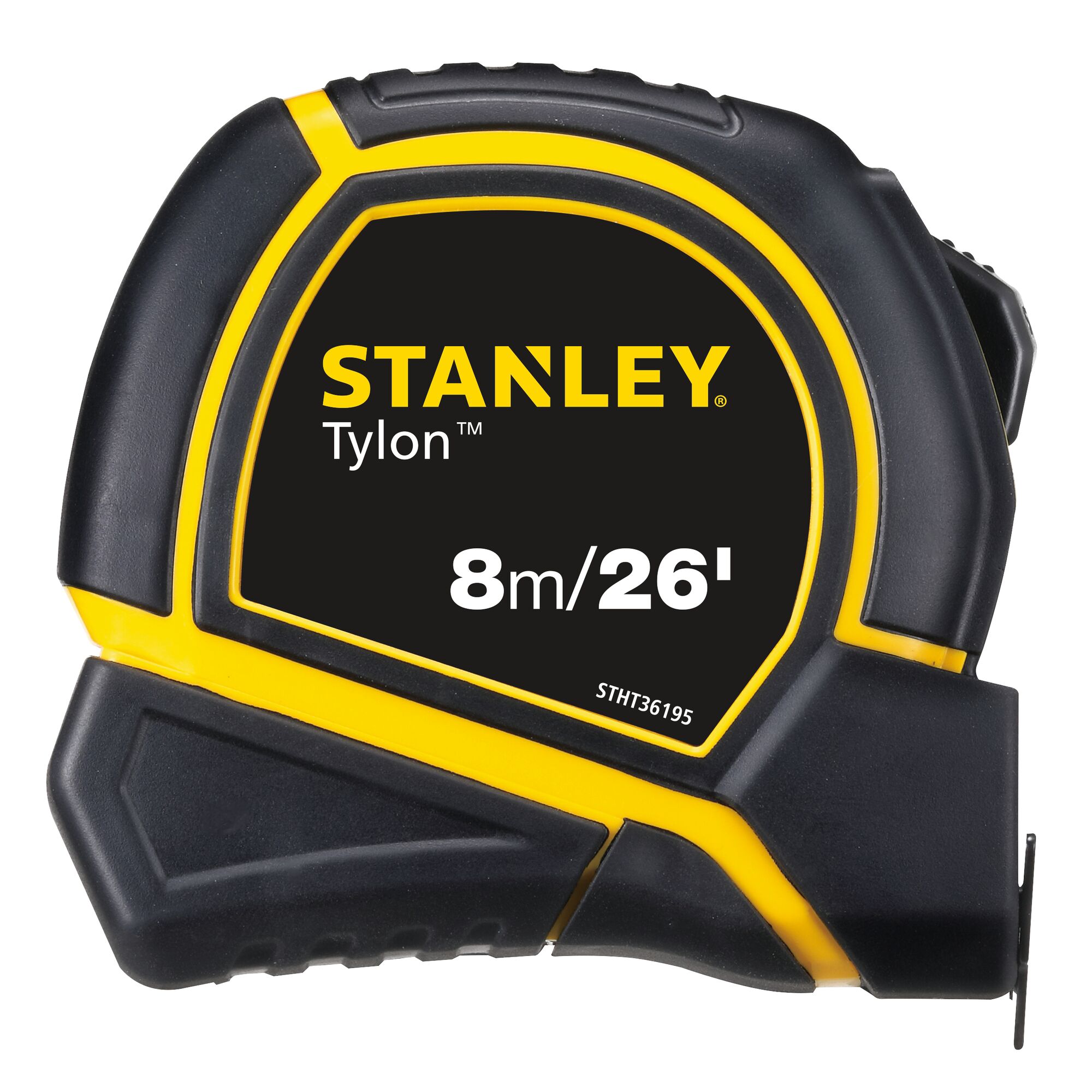 Photo of STANLEY STHT36195 tape measure, black and yellow, 8m/26ft, side angle.