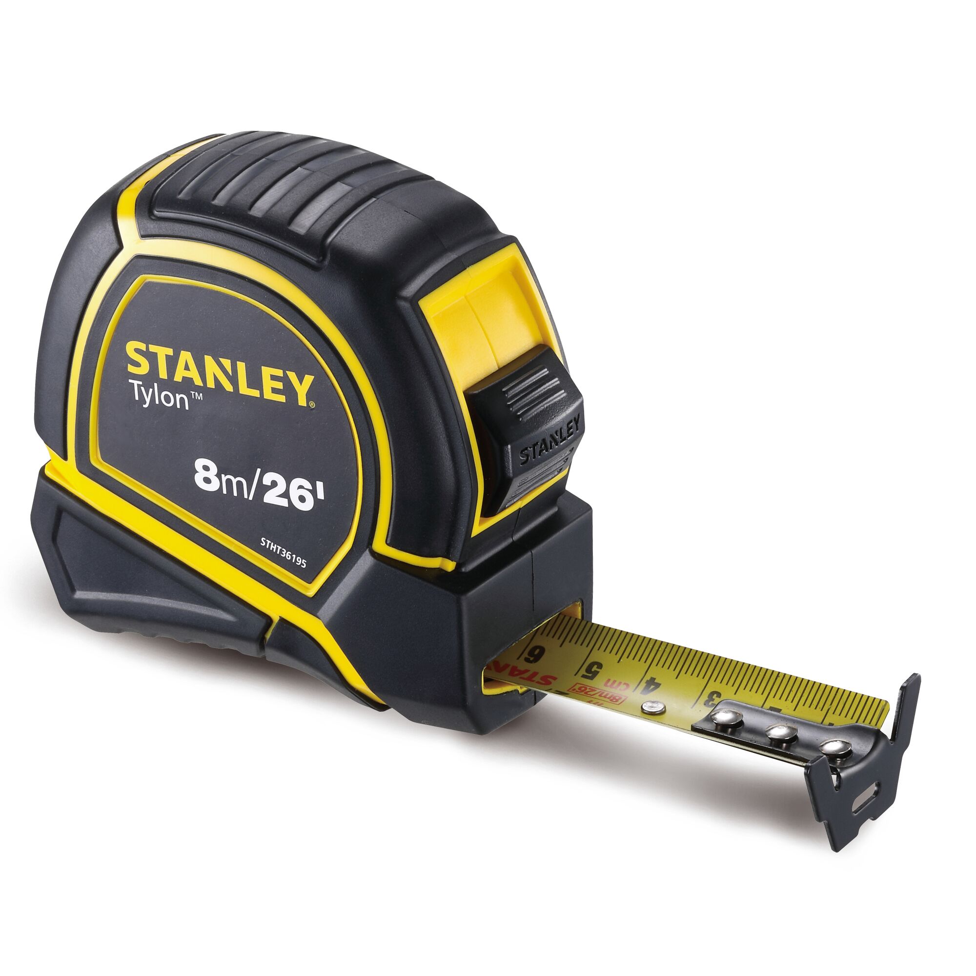 STANLEY STHT36195 tape measure, black and yellow, 8m/26ft, side angle on white background.