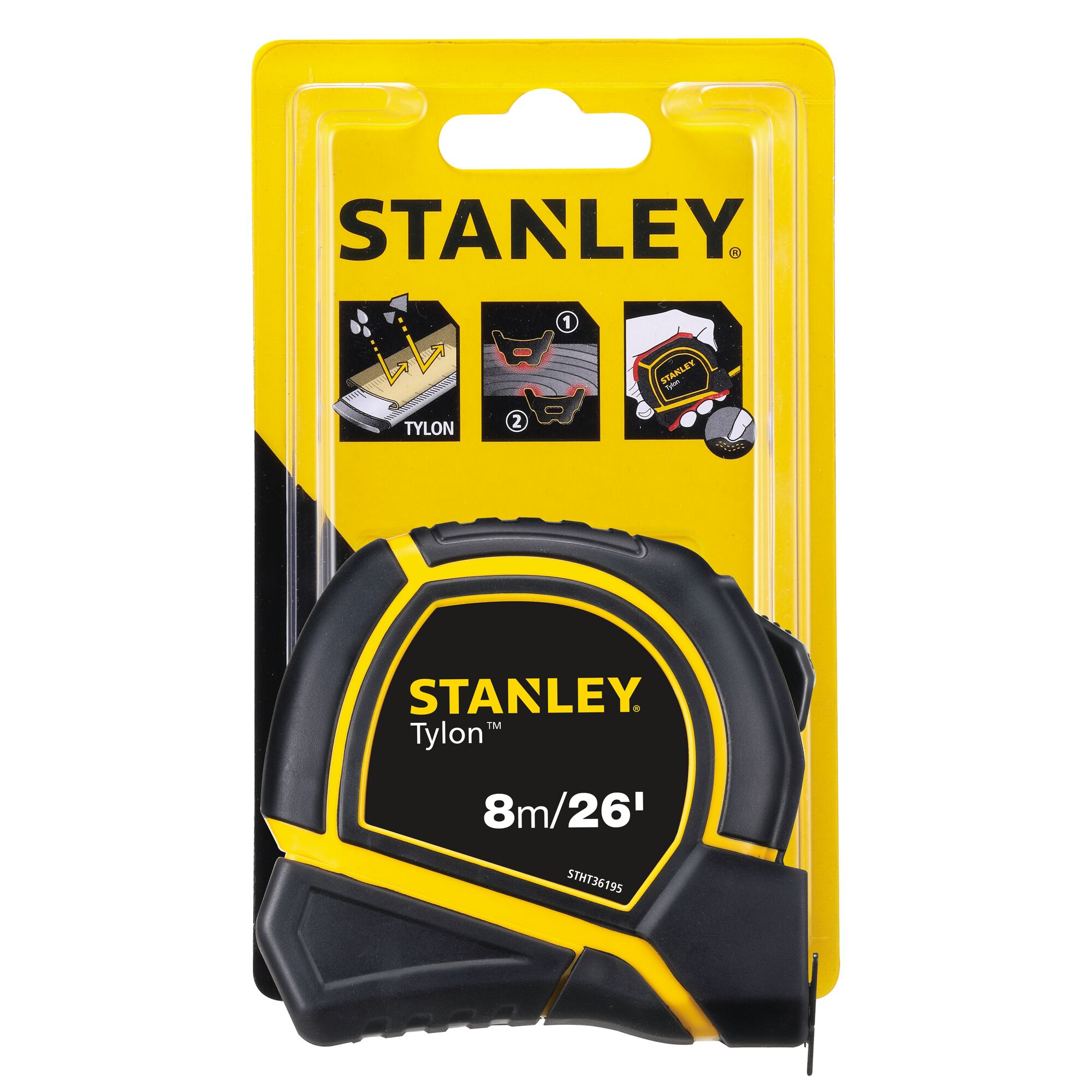 Stanley STHT36195 tape measure 8m/26ft in black and yellow, front packaging photo.