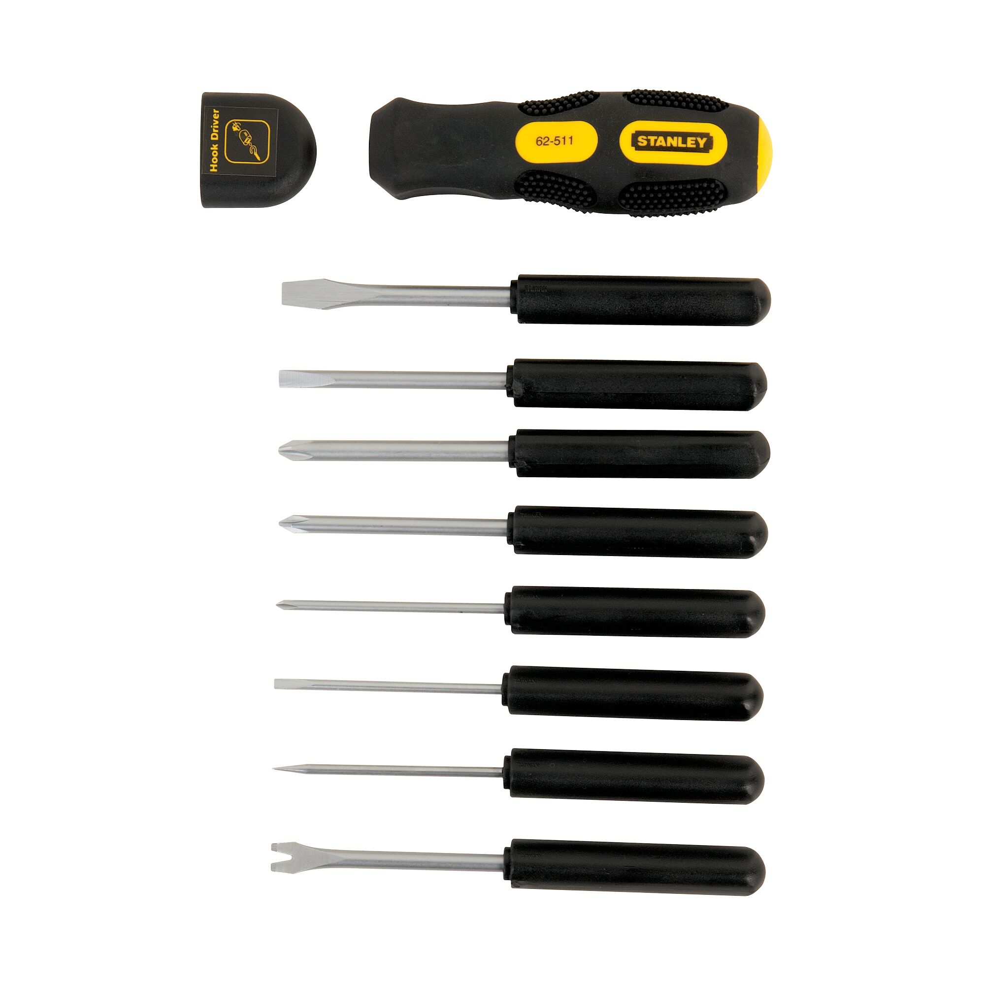 STANLEY STHT62511-8 screwdriver set with black handles and interchangeable bits, top-down view on white background.
