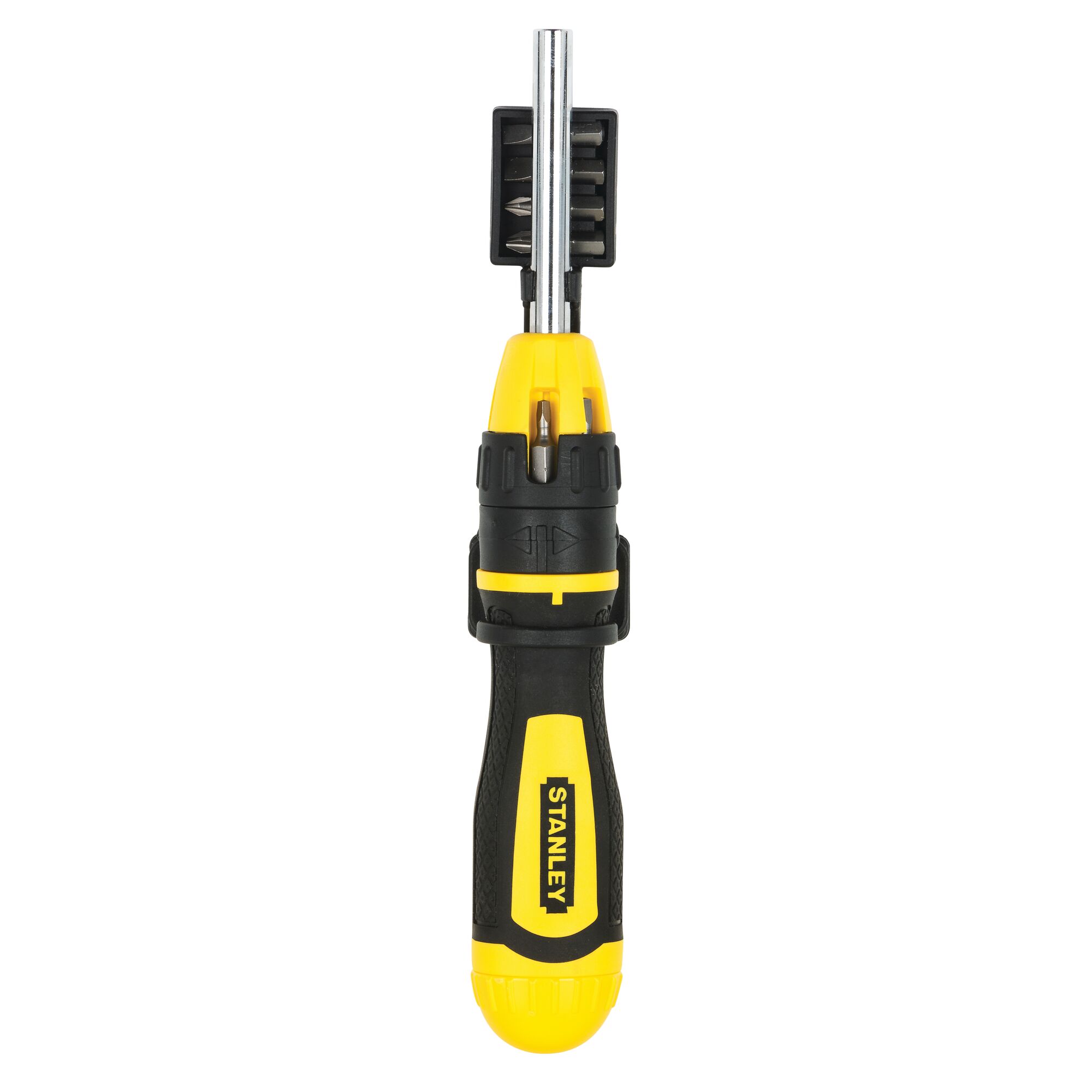 Photo of STANLEY STHT68010-8 ratchet screwdriver with interchangeable bits, front view on white background.