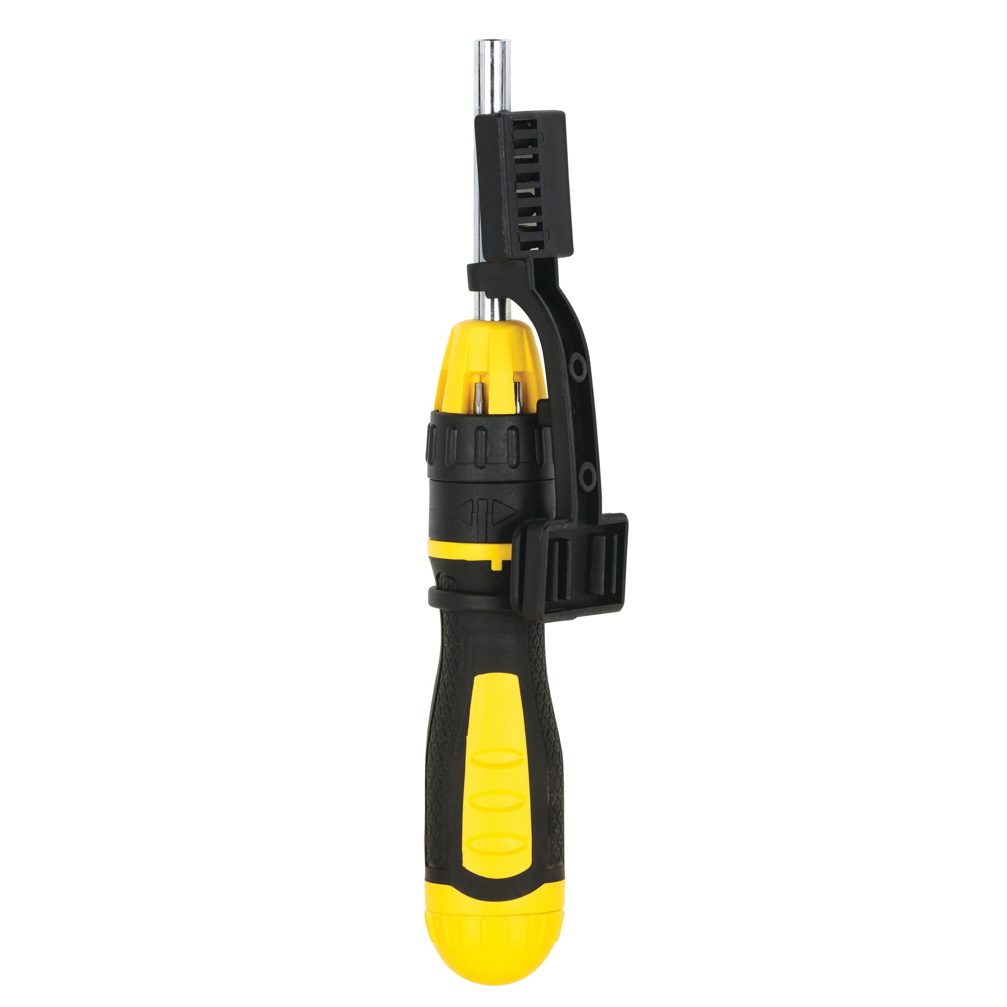 STANLEY STHT68010-8 multi-bit ratcheting screwdriver with yellow and black handle, front angle, white background.