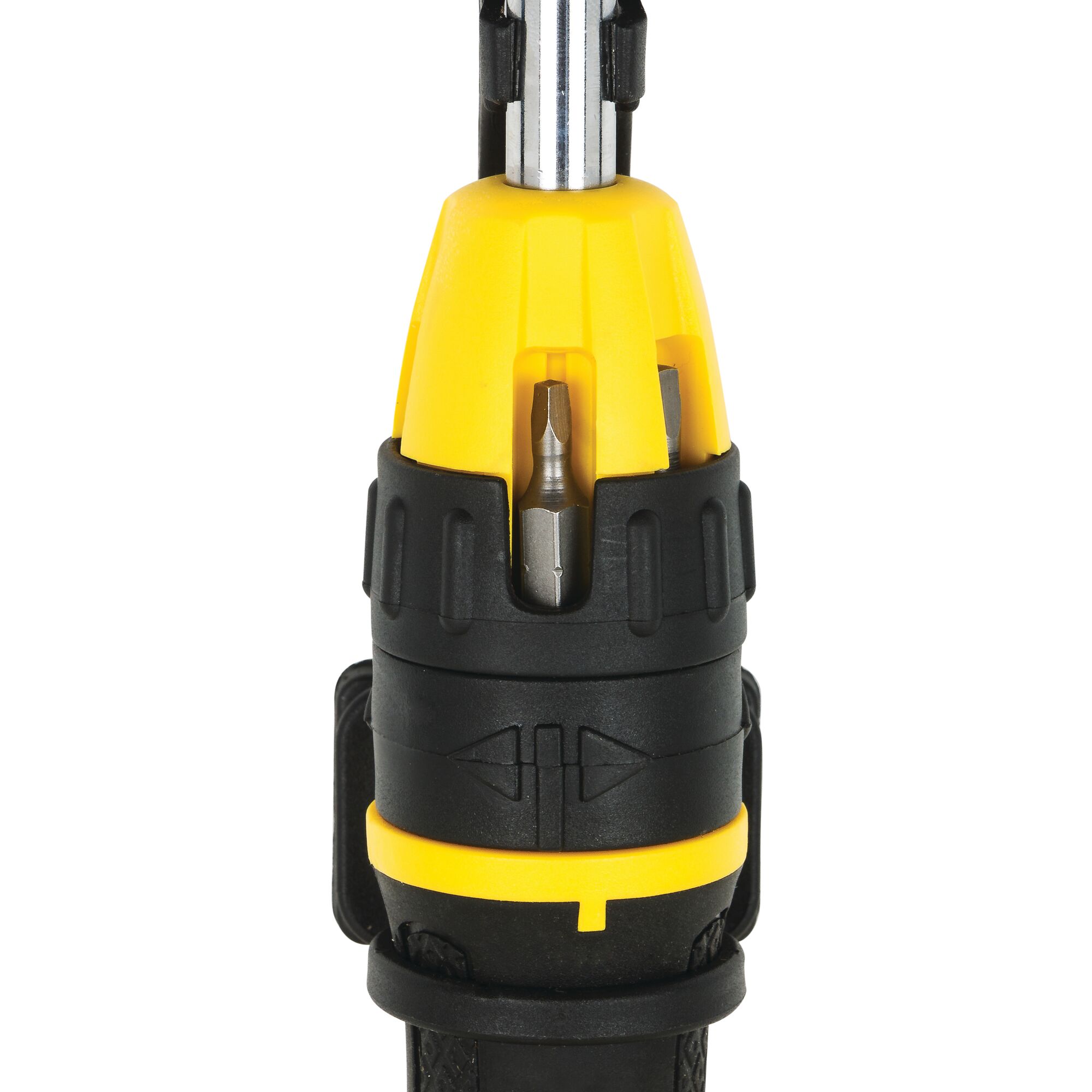 STANLEY STHT68010-8 screwdriver handle close-up showing yellow and black bit storage, front view.