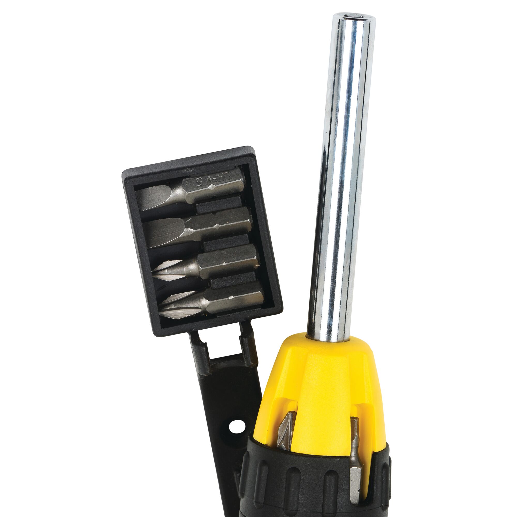 STANLEY STHT68010-8 screwdriver with yellow handle and bit storage, shown with assorted screwdriver bits, front angle.