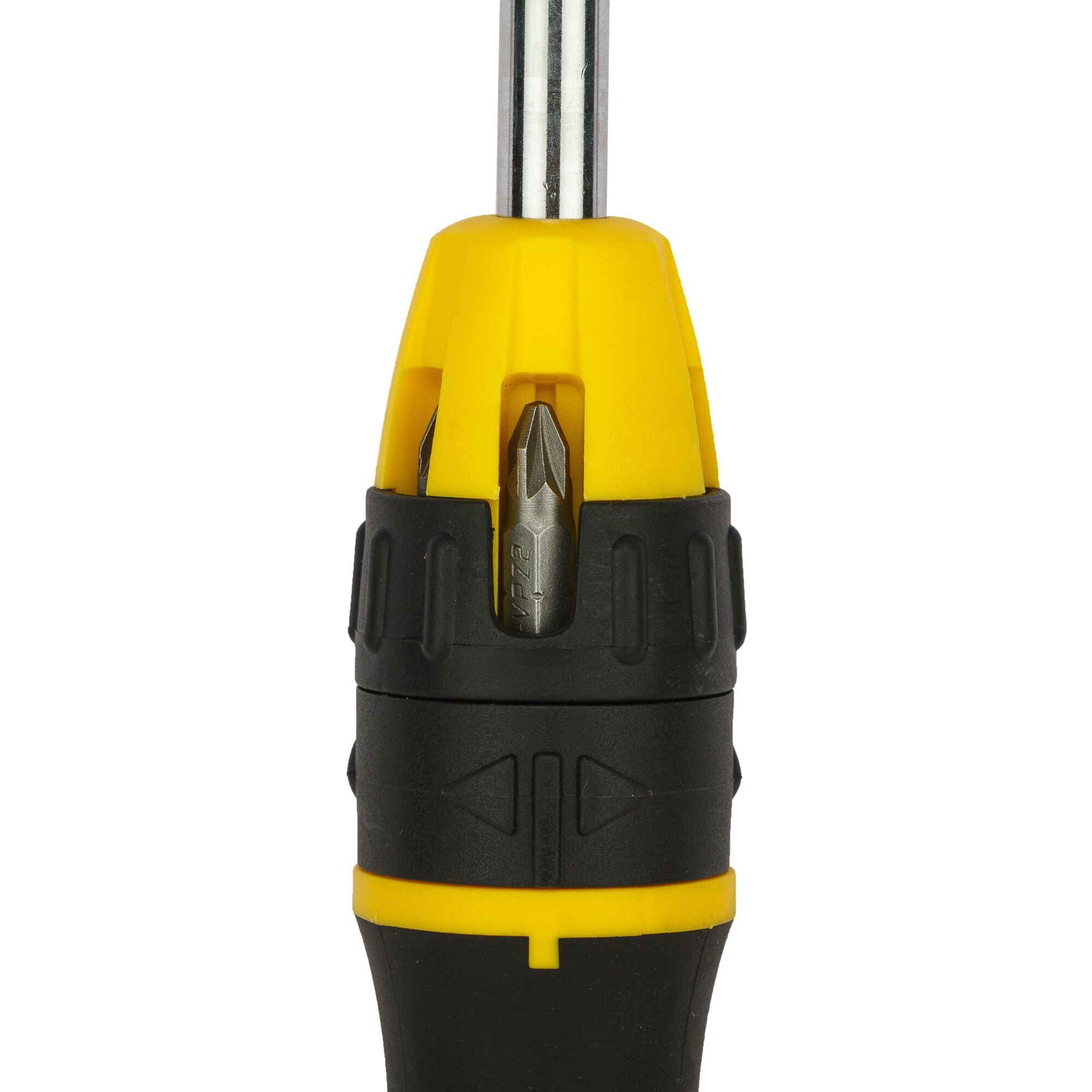 STANLEY STHT68010-8 screwdriver close-up with yellow and black handle and visible bit holder, front angle.