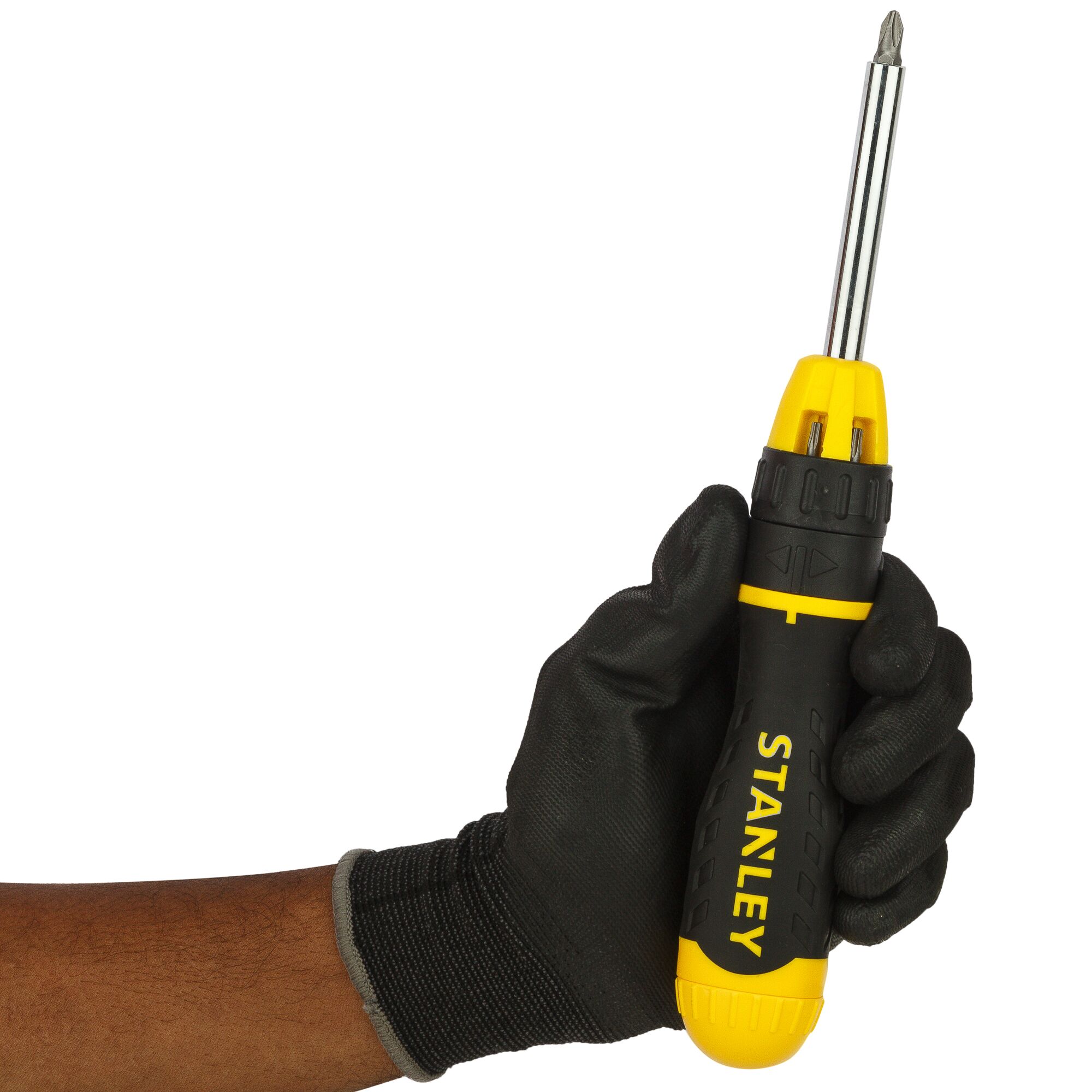 Photo of STANLEY STHT68010-8 ratcheting screwdriver held by gloved hand, black and yellow handle.