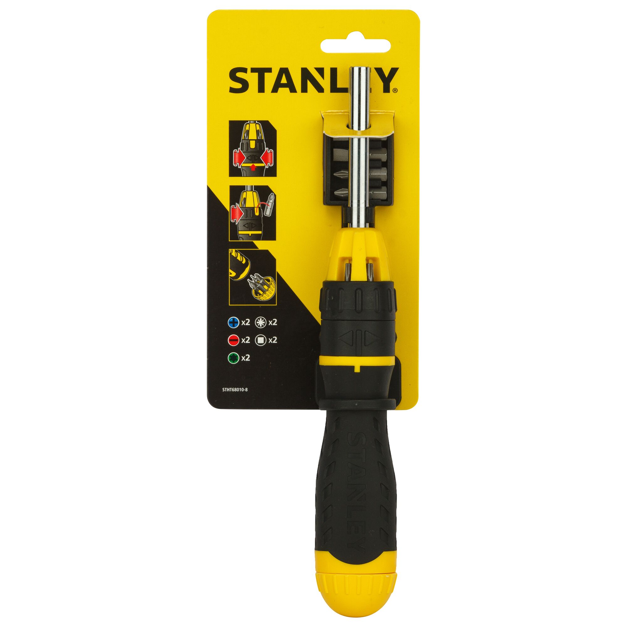 STANLEY STHT68010-8 ratcheting screwdriver set, yellow and black, front angle, in retail packaging.