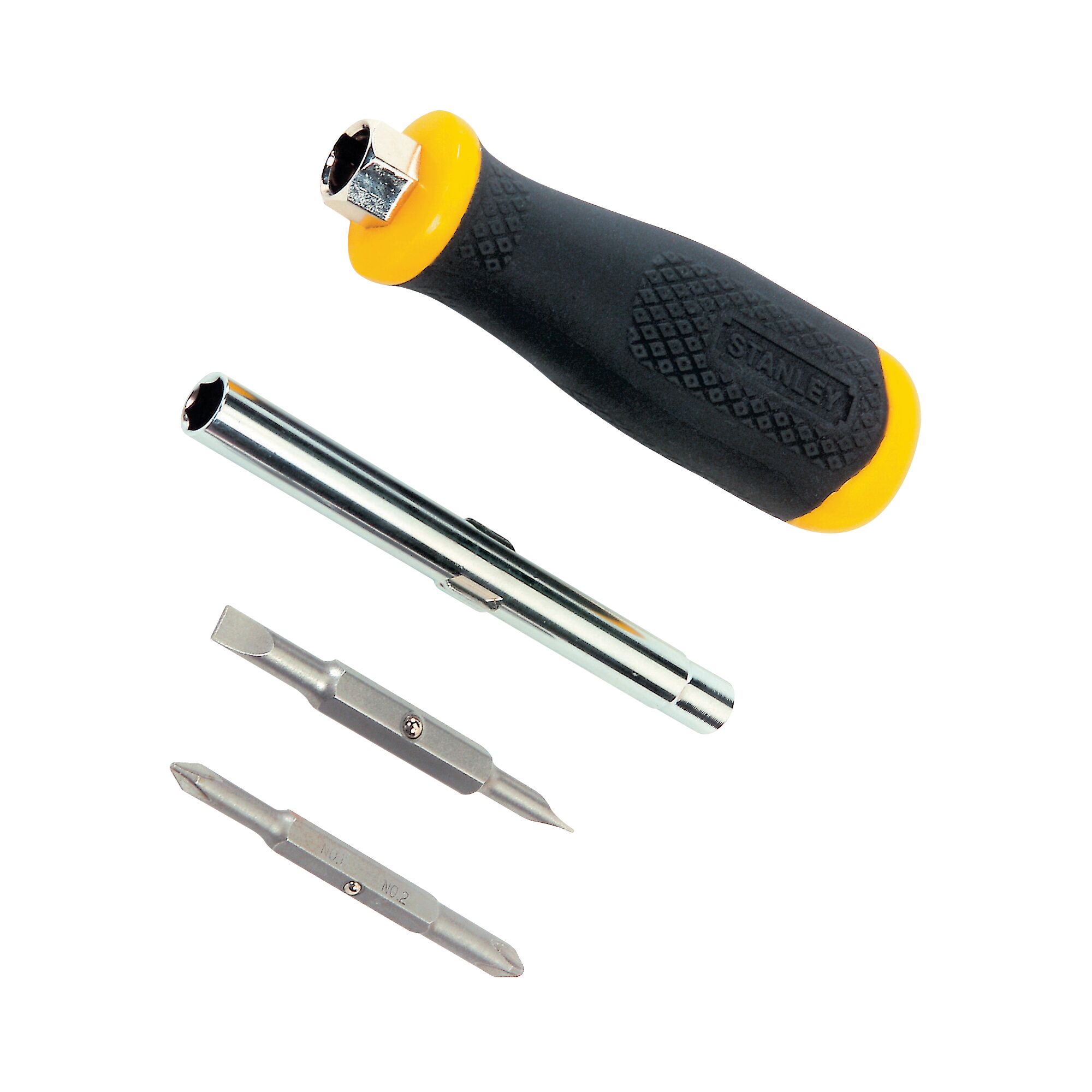 STANLEY STHT68012-8 screwdriver set with black and yellow handle, metal shaft, and two double-ended bits, front view.