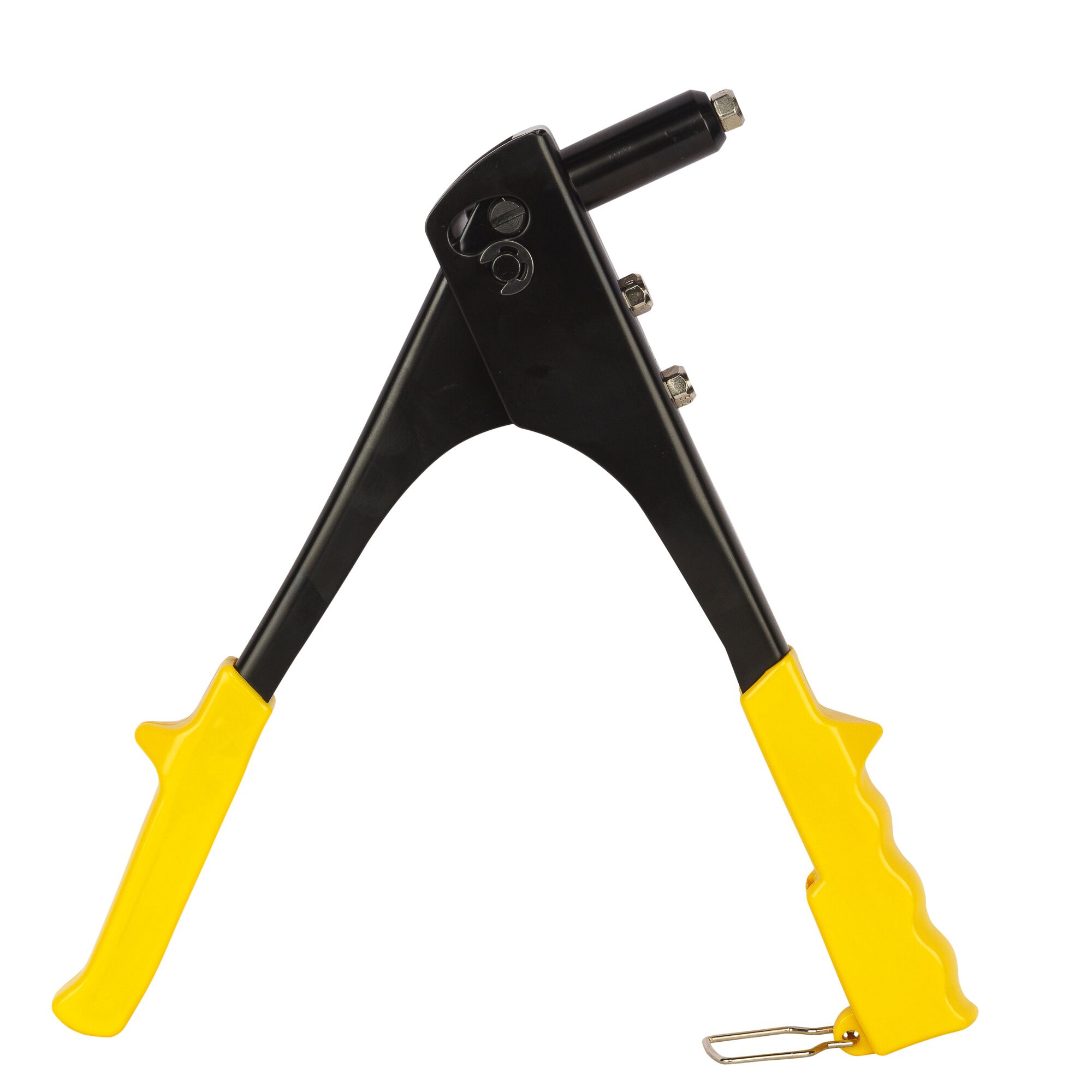STANLEY STHT69646-8 hand riveter with black body and yellow handles, side view on white background.