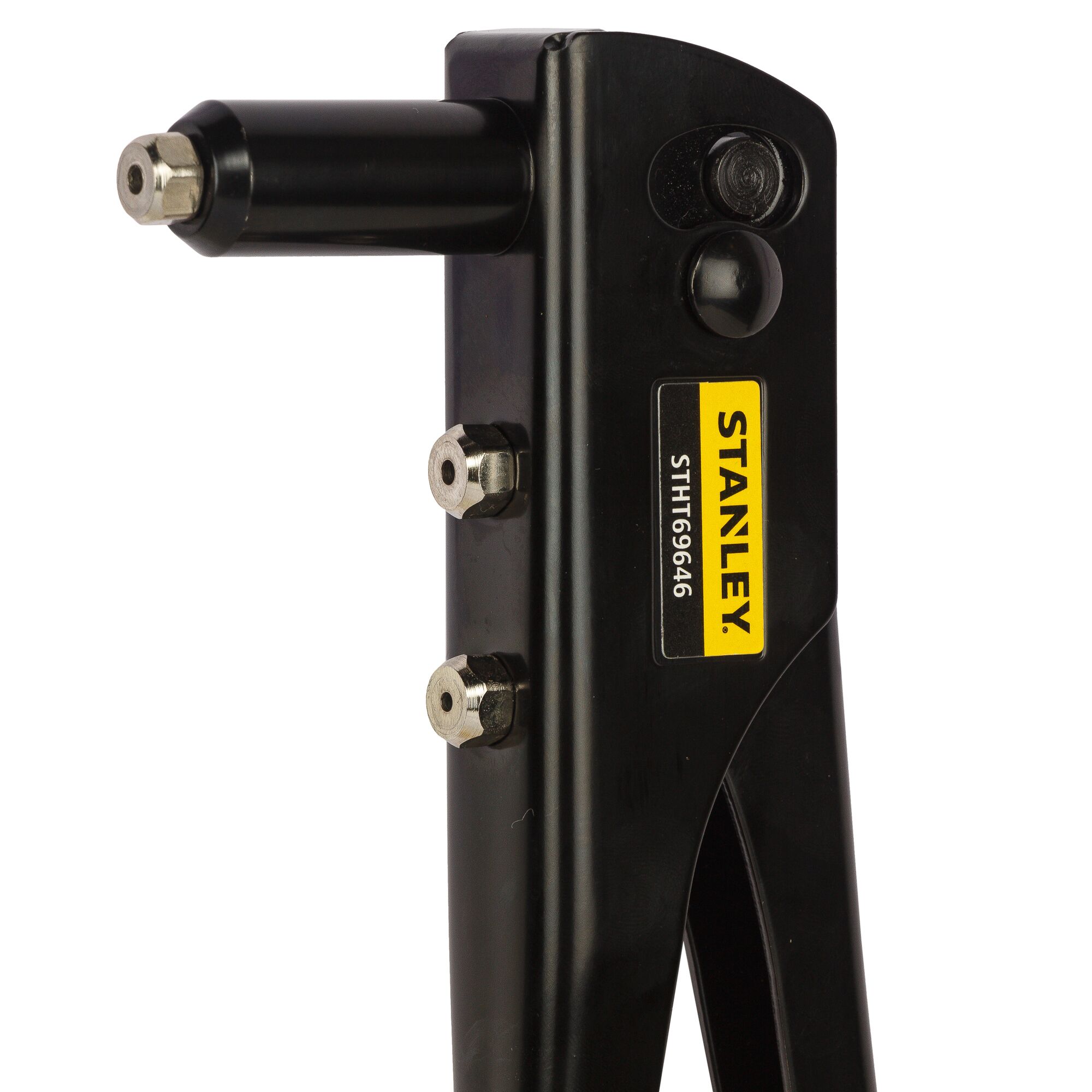 Stanley STHT69646-8 black rivet tool, close-up front angle, metal fittings visible, white background.