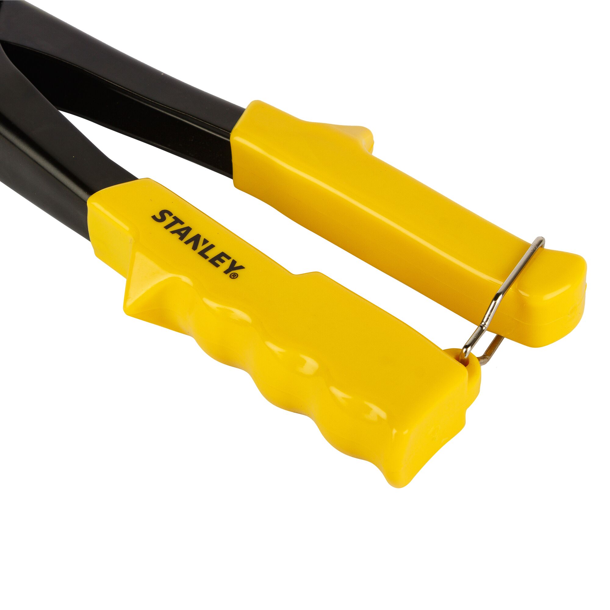 STANLEY STHT69646-8 yellow-handled pliers, close-up angle, showing ergonomic grip and metal latch