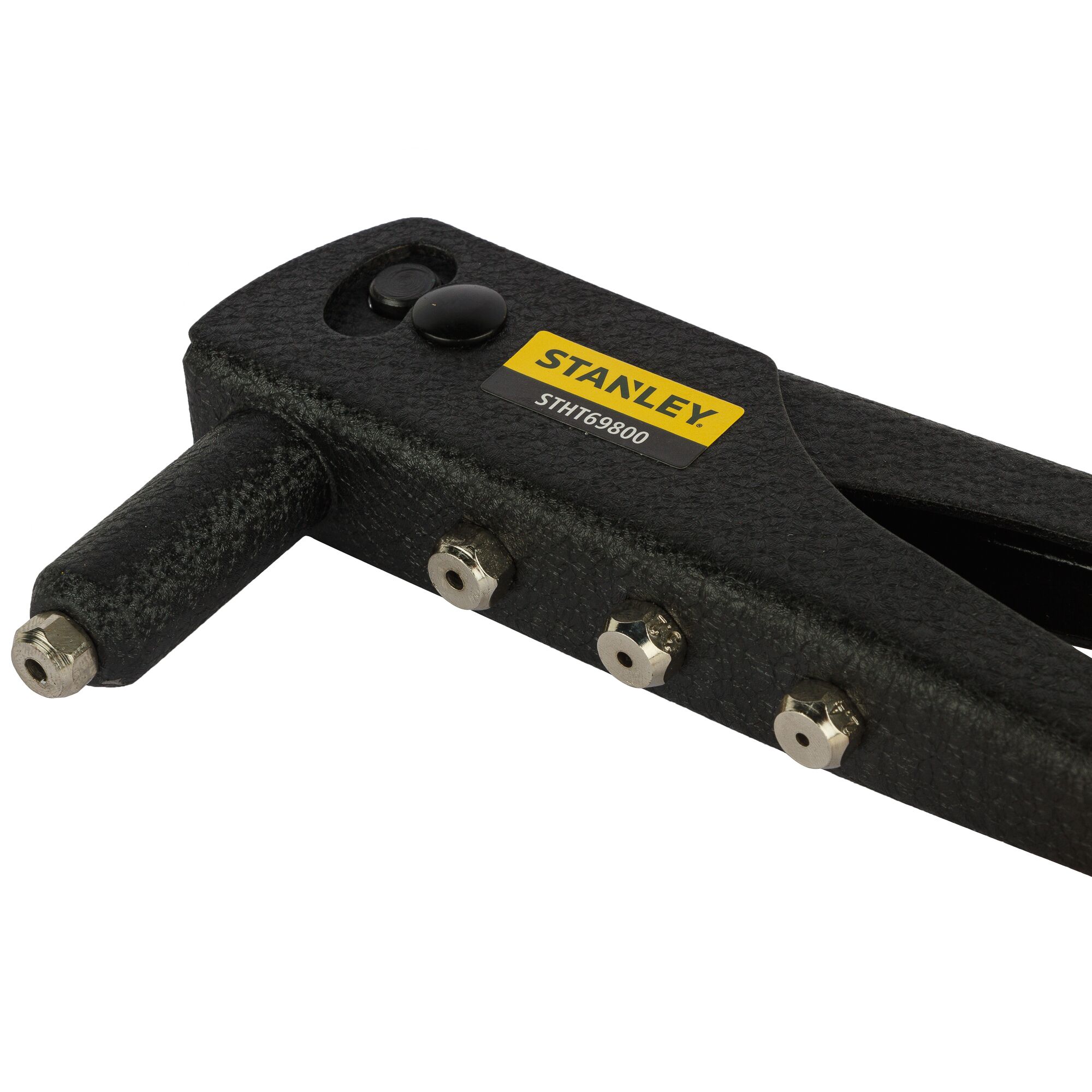 Stanley STHT69800-8 black textured rivet tool, side angle, with multiple metal rivet heads visible.