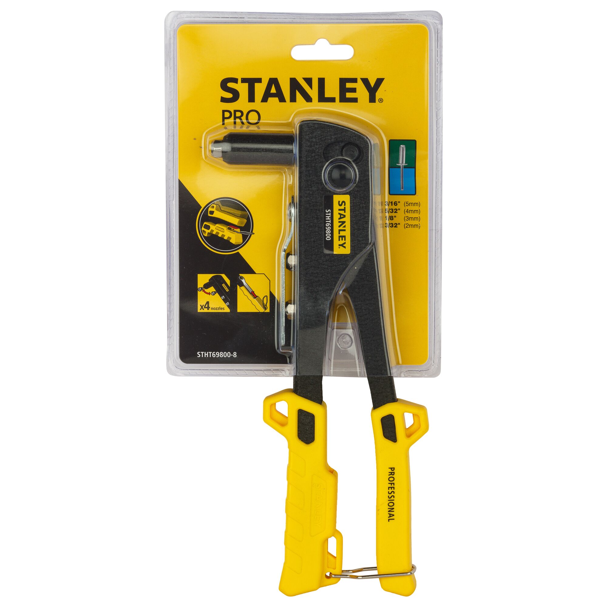Photo of STANLEY STHT69800-8 rivet gun tool in packaging, shown front view with yellow handles.