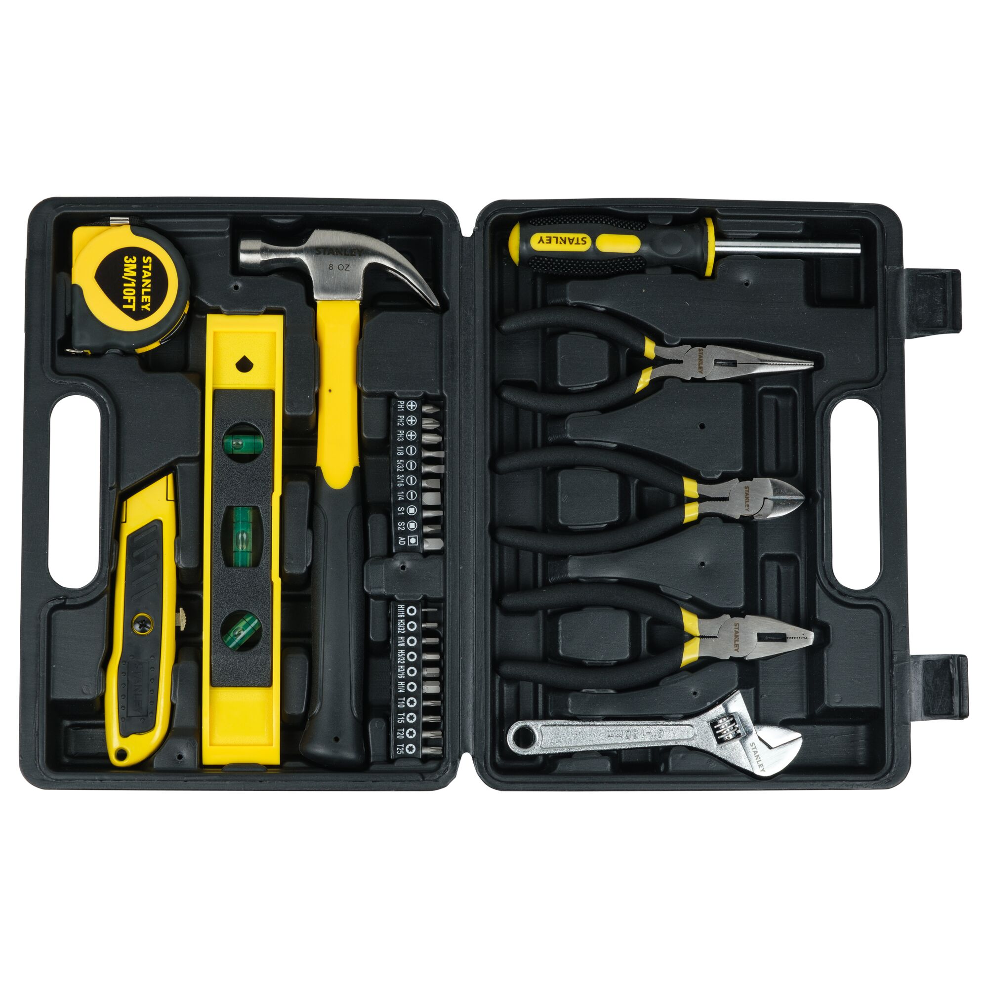 STANLEY STHT74982 tool kit case, photography of open black case with yellow hand tools, front angle.