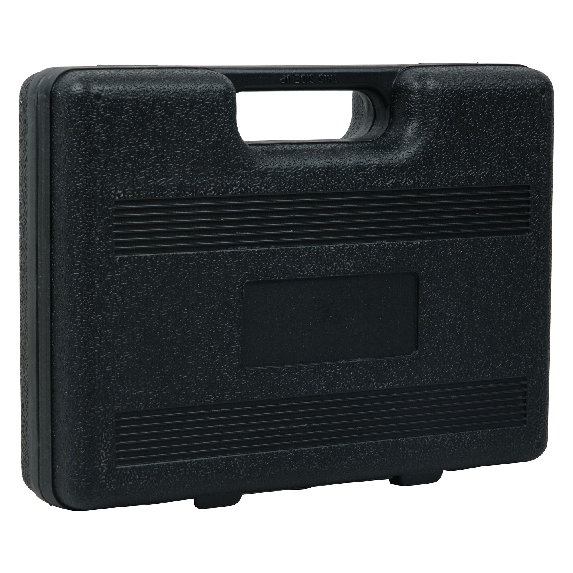 STANLEY STHT74982 black textured plastic carrying case, side angle, with handle and horizontal grooves.