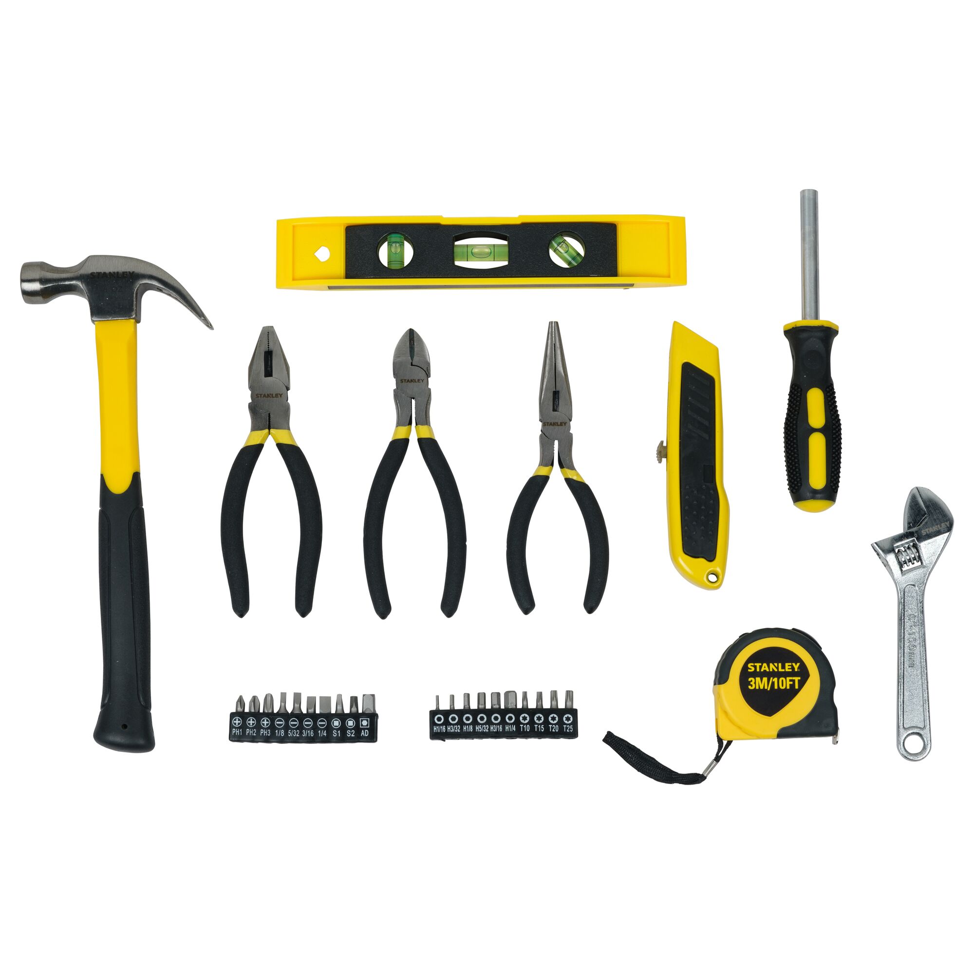 STANLEY STHT74982 hand tool set on white, includes hammer, pliers, wrench, level, tape, screwdriver, utility knife.