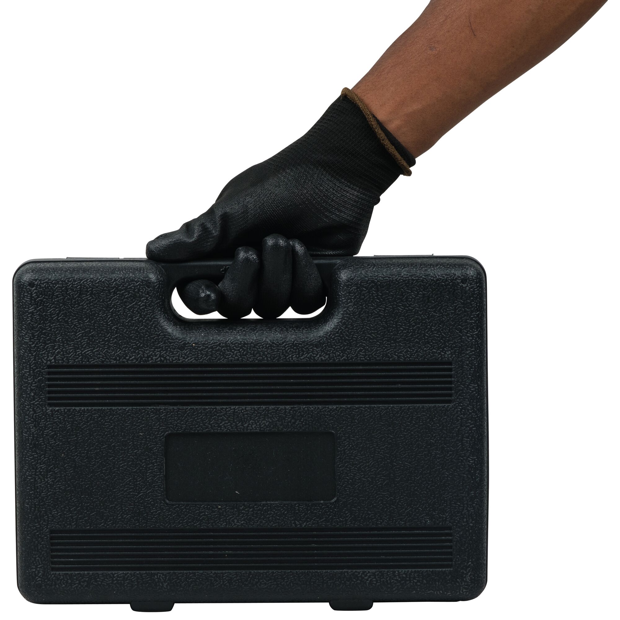 STANLEY STHT74982 black hard tool case held by gloved hand, front angle, on white background