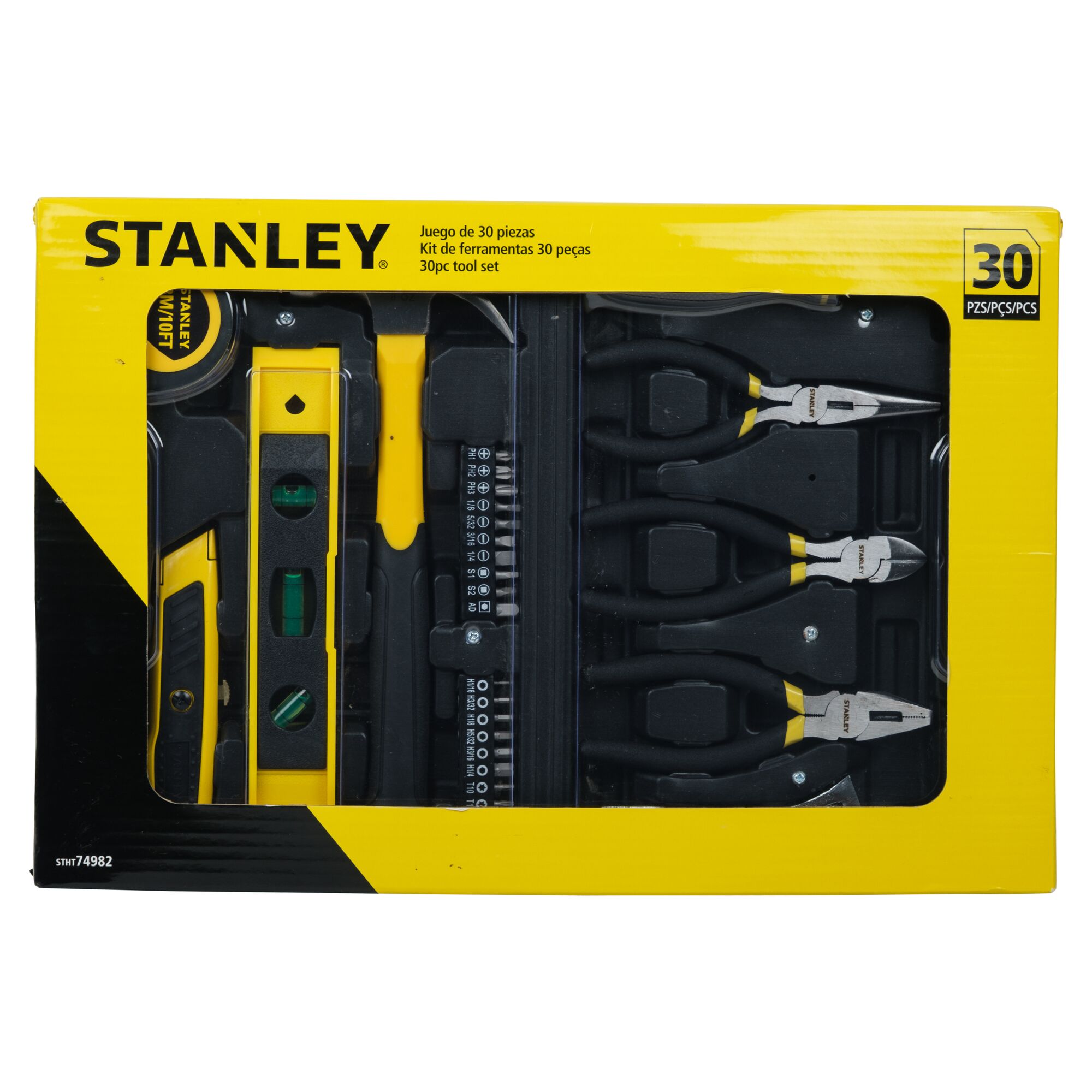 STANLEY STHT74982 30-piece tool set in yellow box, front angle with hand tools visible.