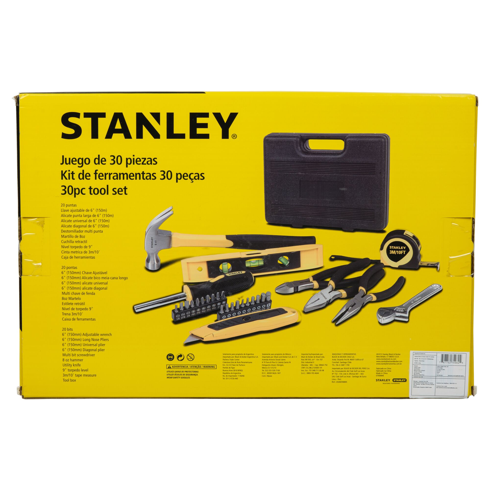 STANLEY STHT74982 30pc tool set kit box front, yellow packaging with tools and black carrying case.