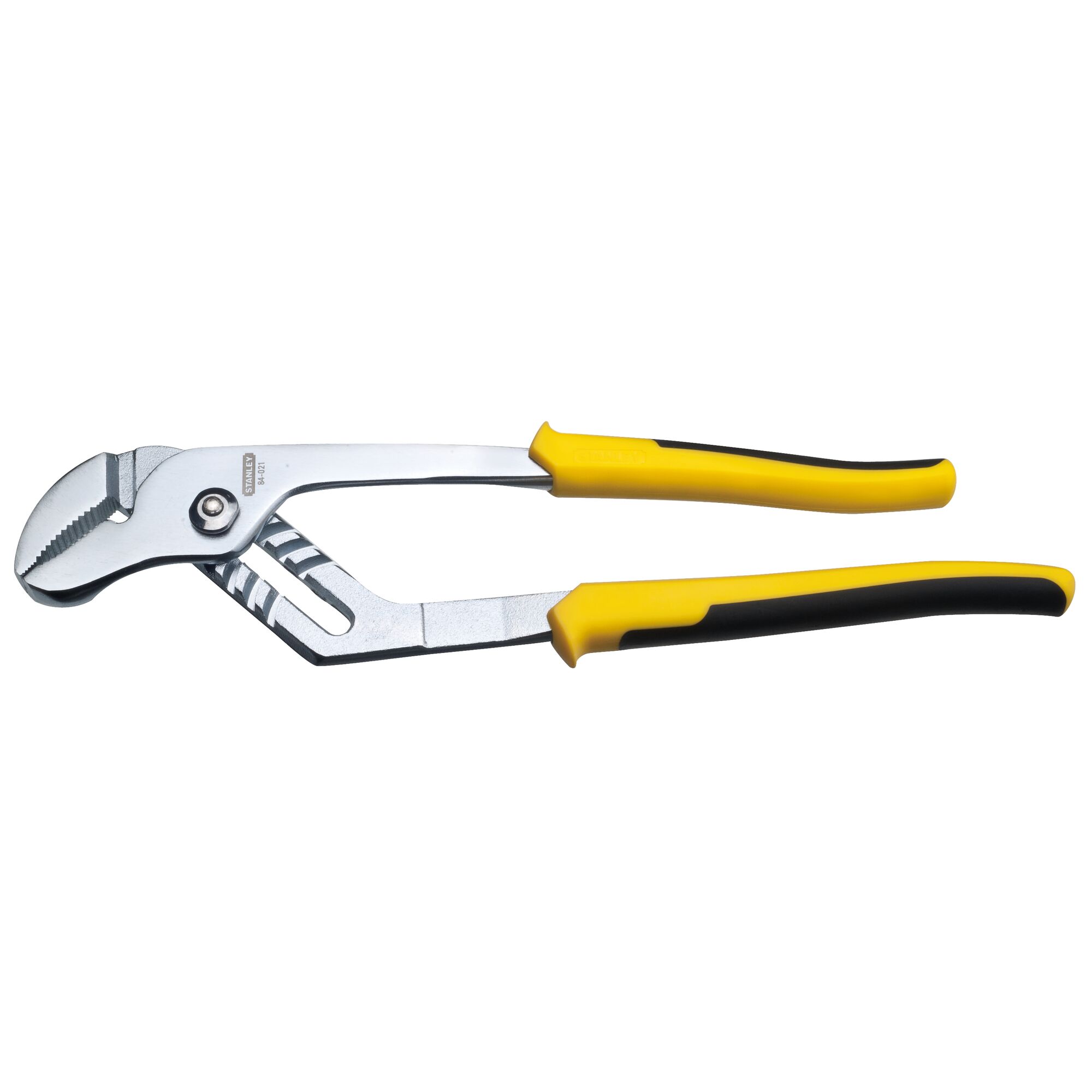 STANLEY STHT84021-8 tongue and groove pliers with yellow and black handles, side angle, hand tool.