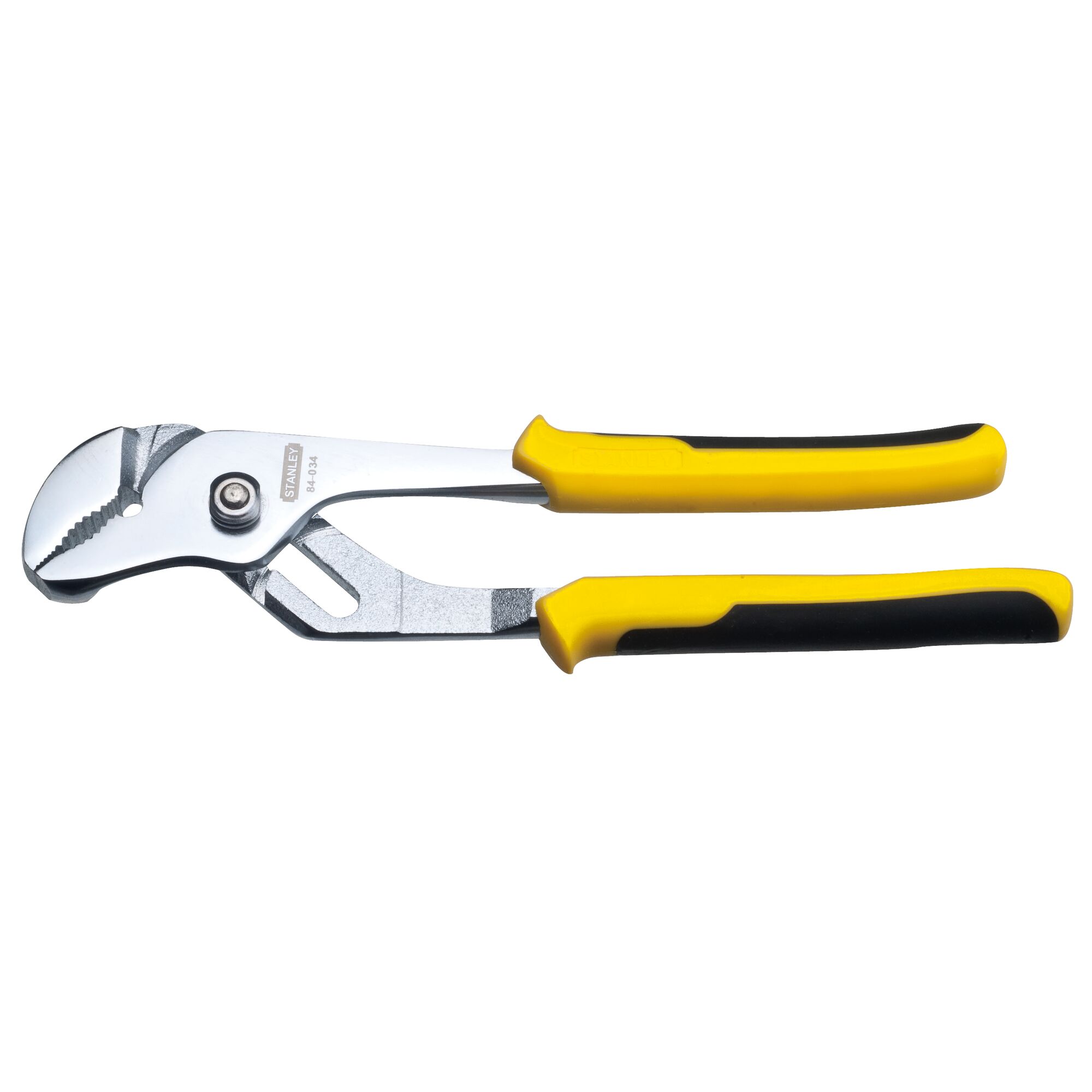 Photo of STANLEY STHT84024-8 groove joint pliers with yellow and black handles, side view on white background.
