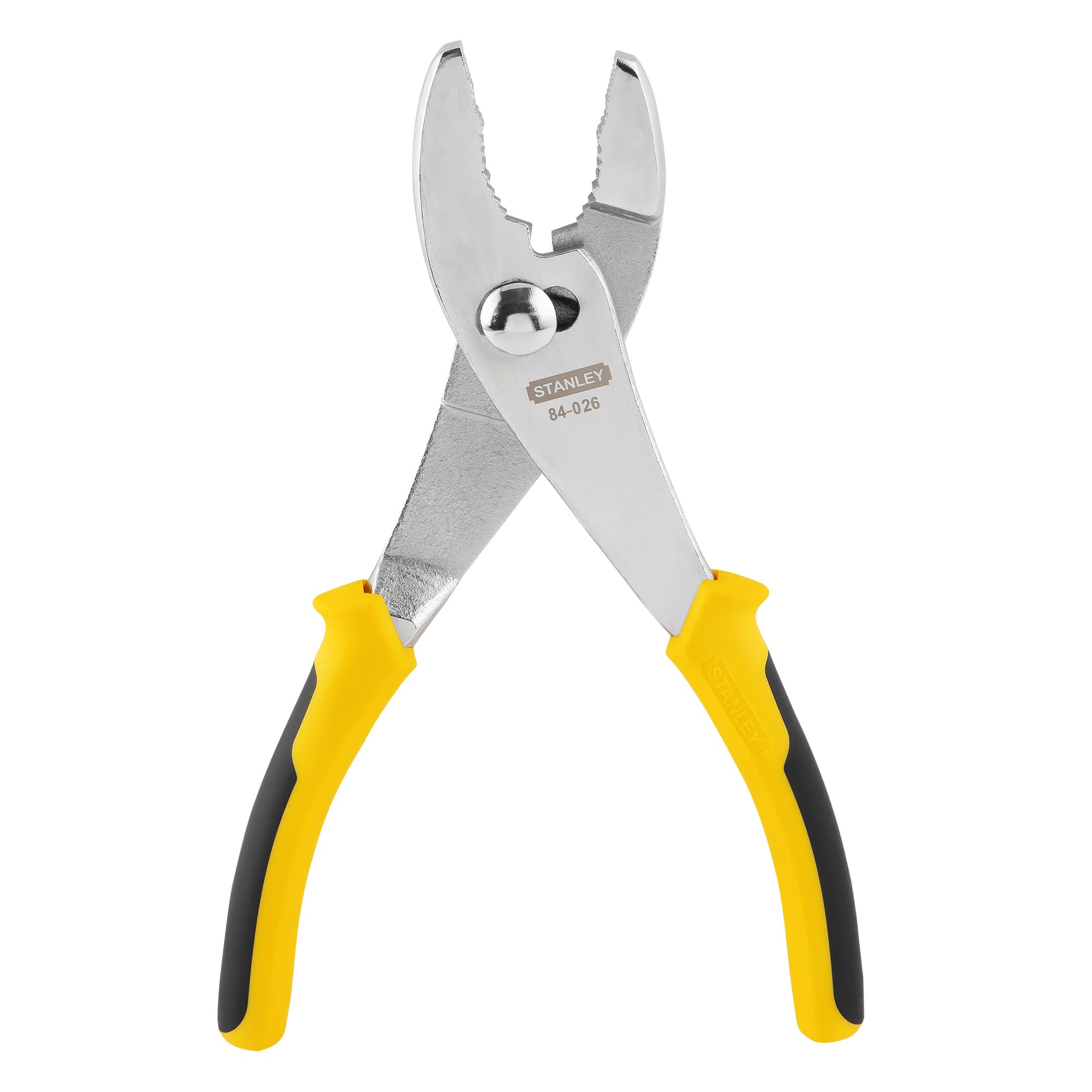 STANLEY STHT84026-8 slip joint plier with yellow and black grips, photography, front angle on white background.