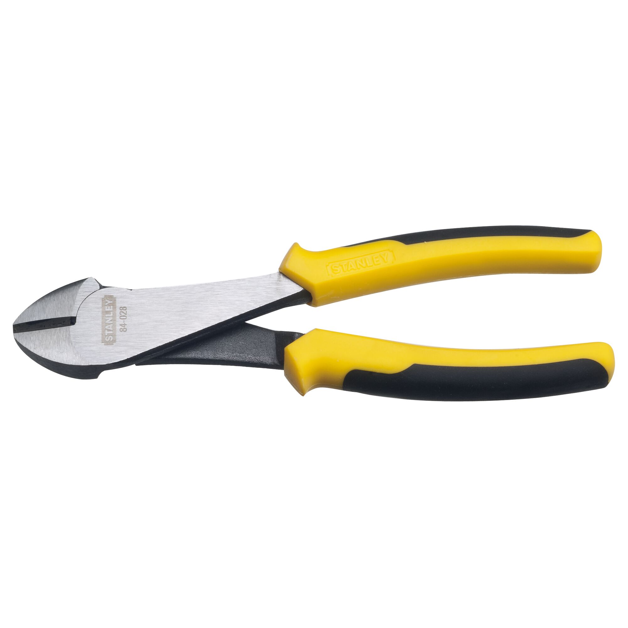 STANLEY STHT84028-8 diagonal cutting pliers with yellow and black handles, side angle on white background.