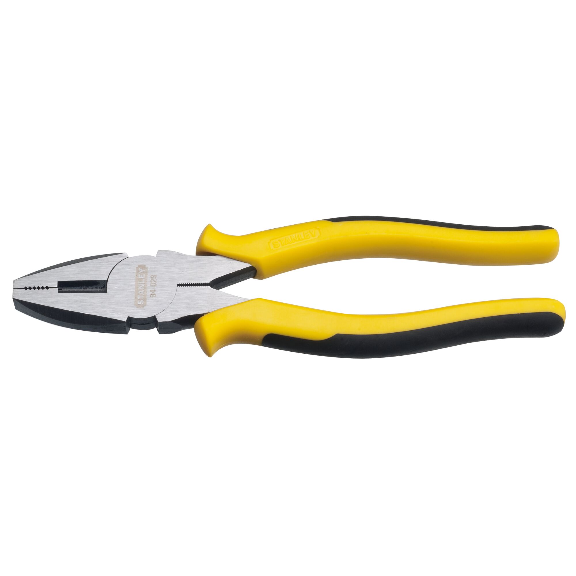 STANLEY STHT84029-8 combination pliers with yellow and black handles, side view on white background.