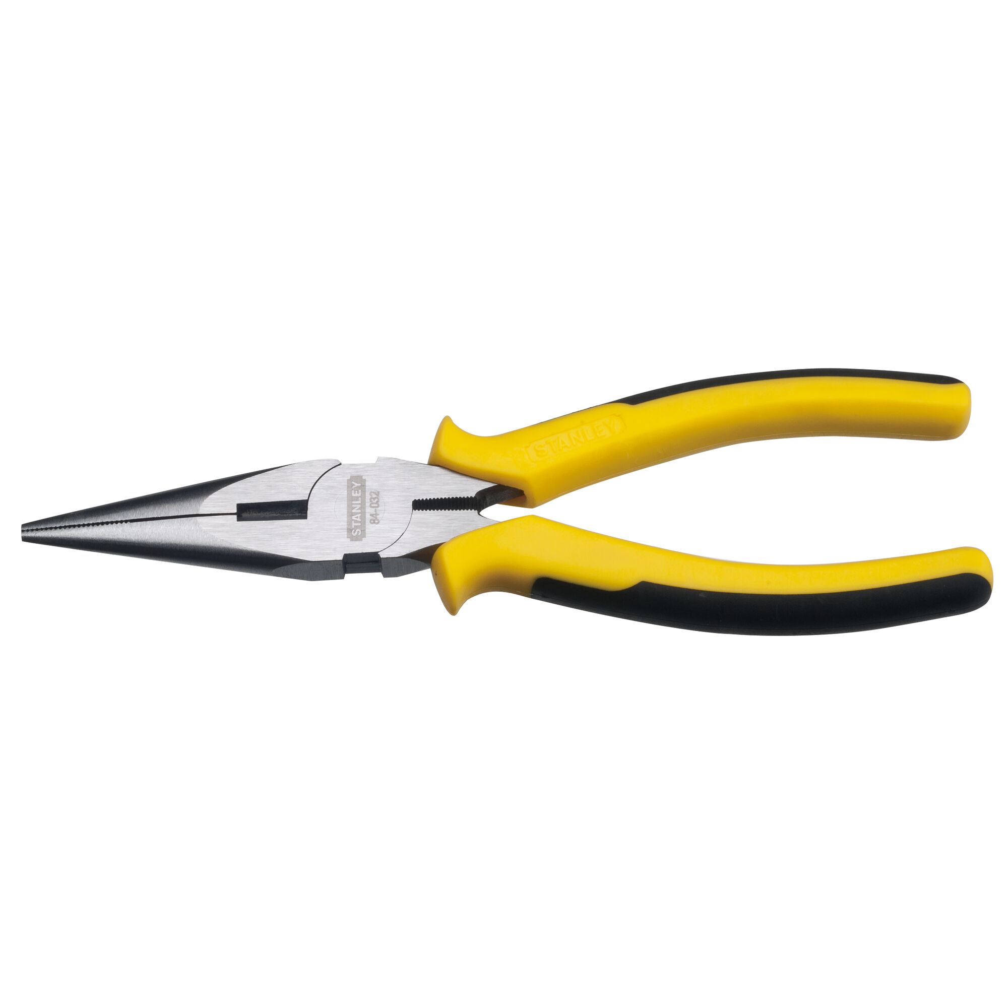 STANLEY STHT84032-8 long nose pliers with yellow and black handles, side view on white background.