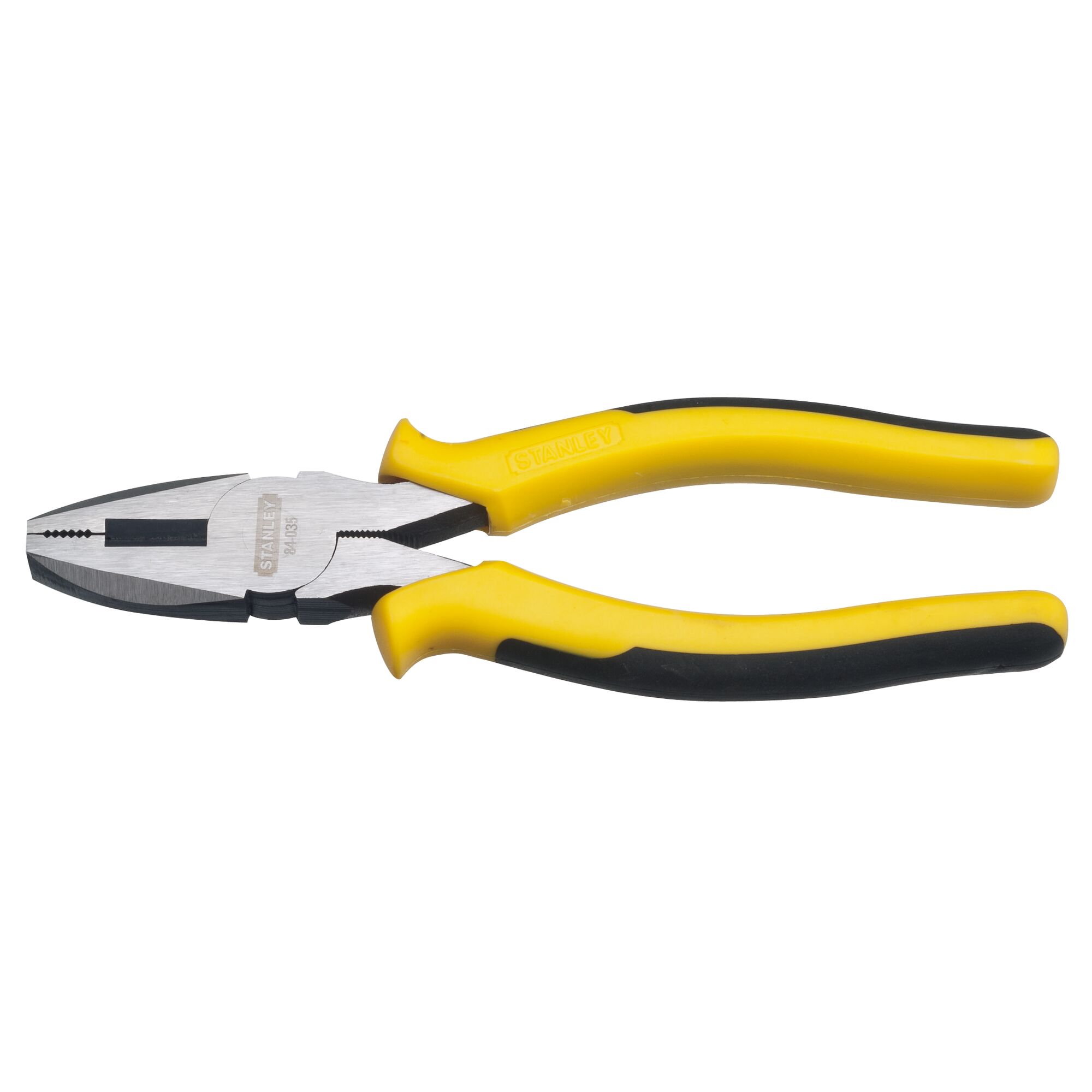 STANLEY STHT84035-8 combination pliers with yellow and black handles, side view on white background.