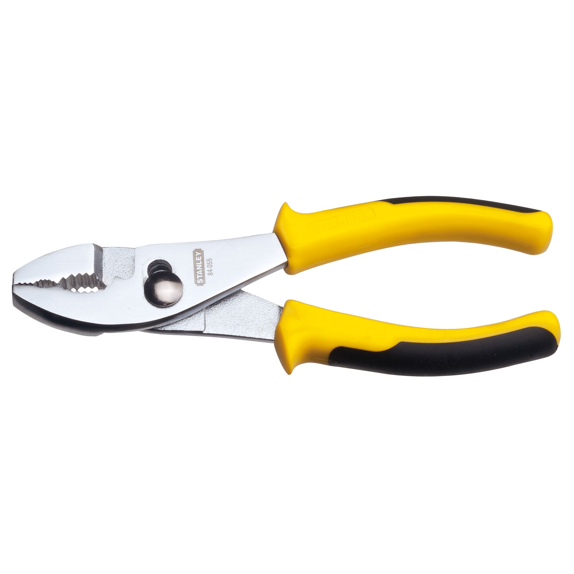 Photo of STANLEY STHT84055-8 slip joint pliers with yellow and black handles, side angle on white background.