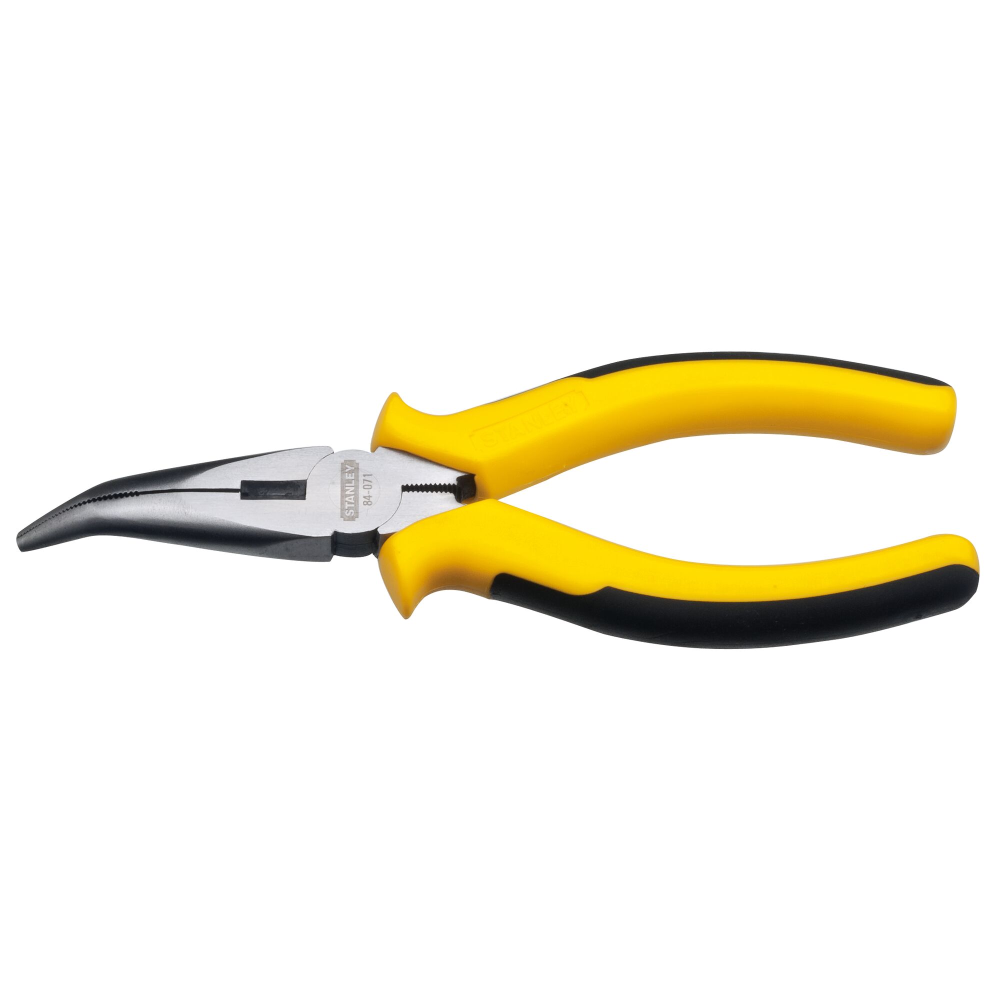 STANLEY STHT84071-8 bent long nose pliers with yellow and black handle, side view on white background.