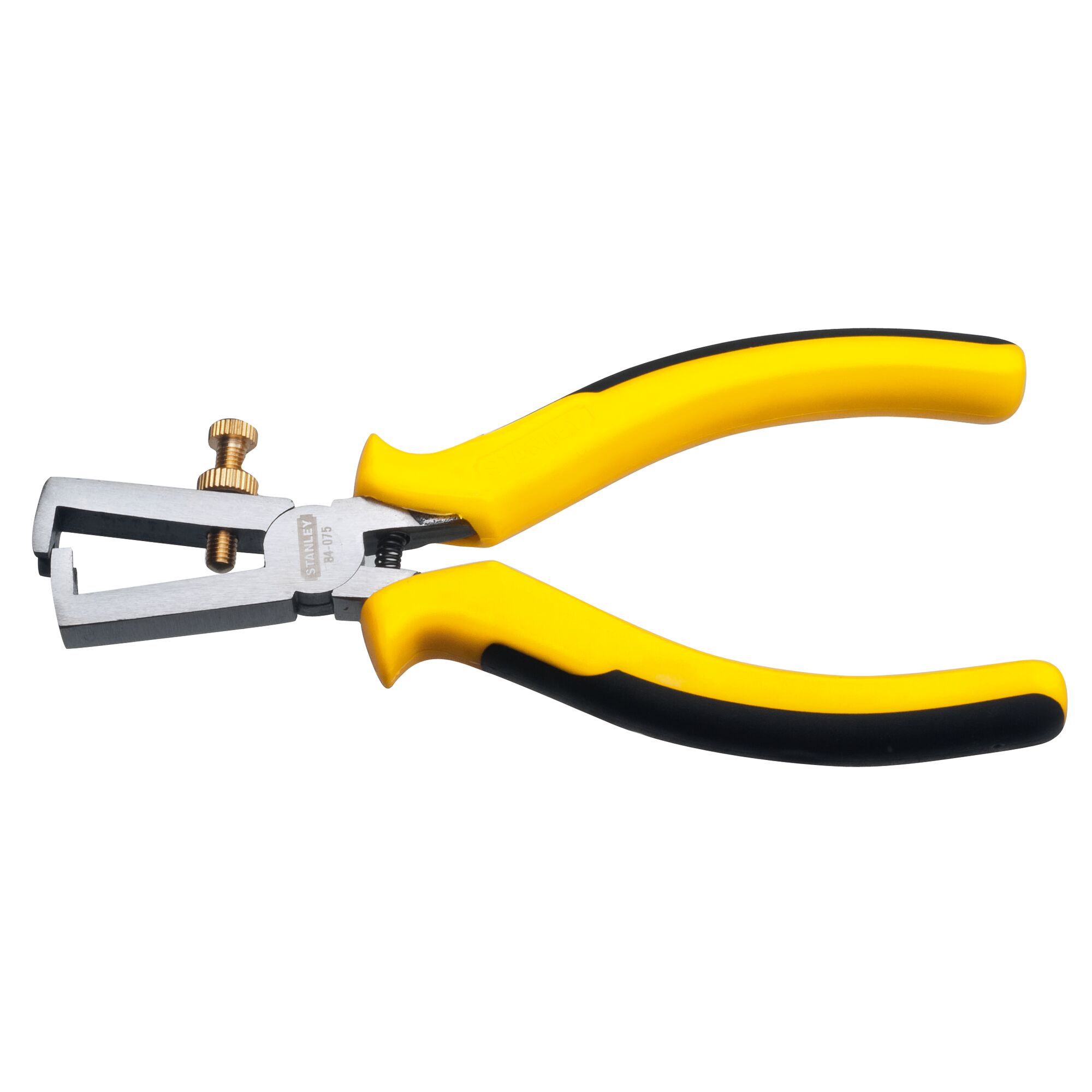 STANLEY STHT84075-8 wire stripper with yellow and black handles, side angle on white background.
