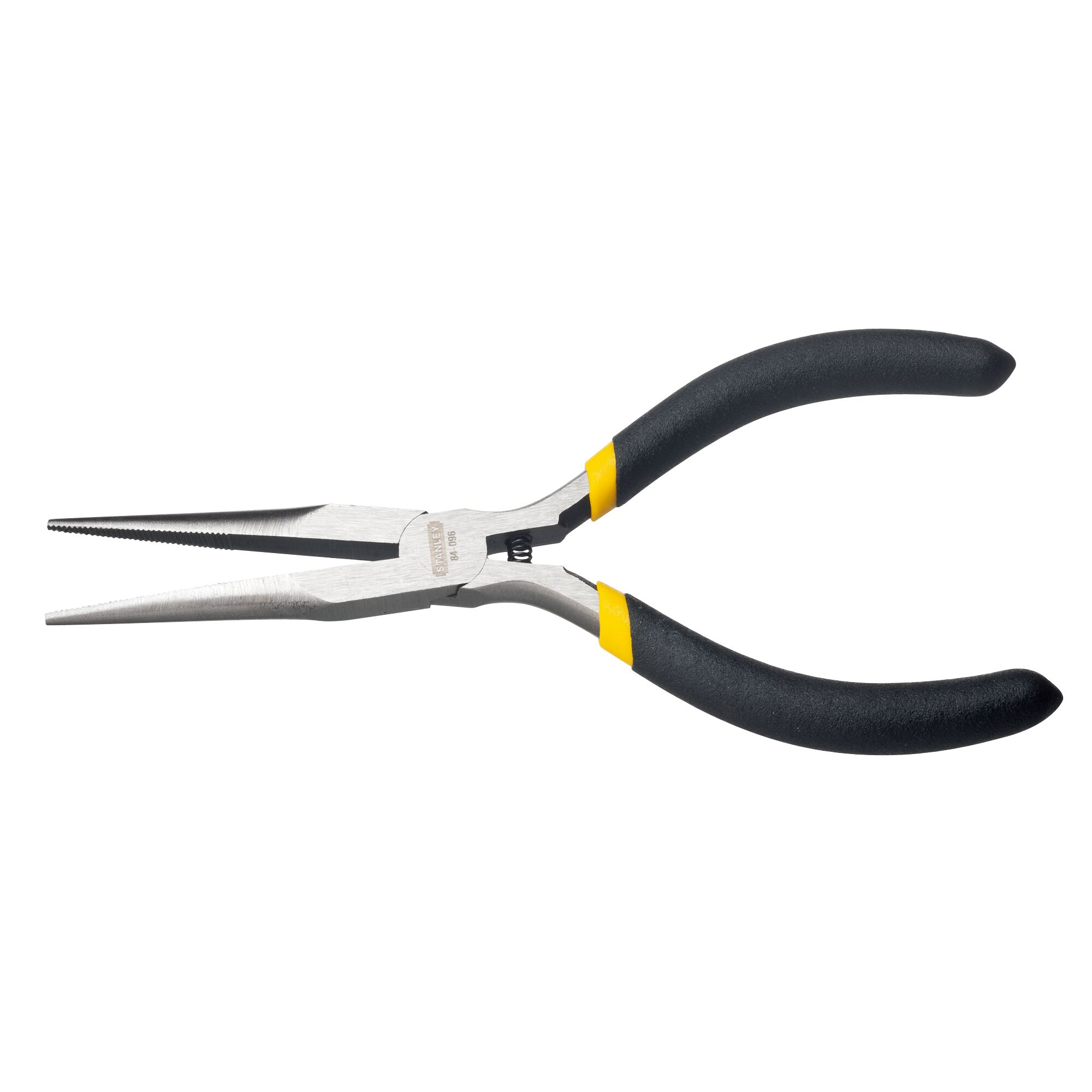 STANLEY STHT84096-8 long nose pliers with black and yellow handles, side view on white background.
