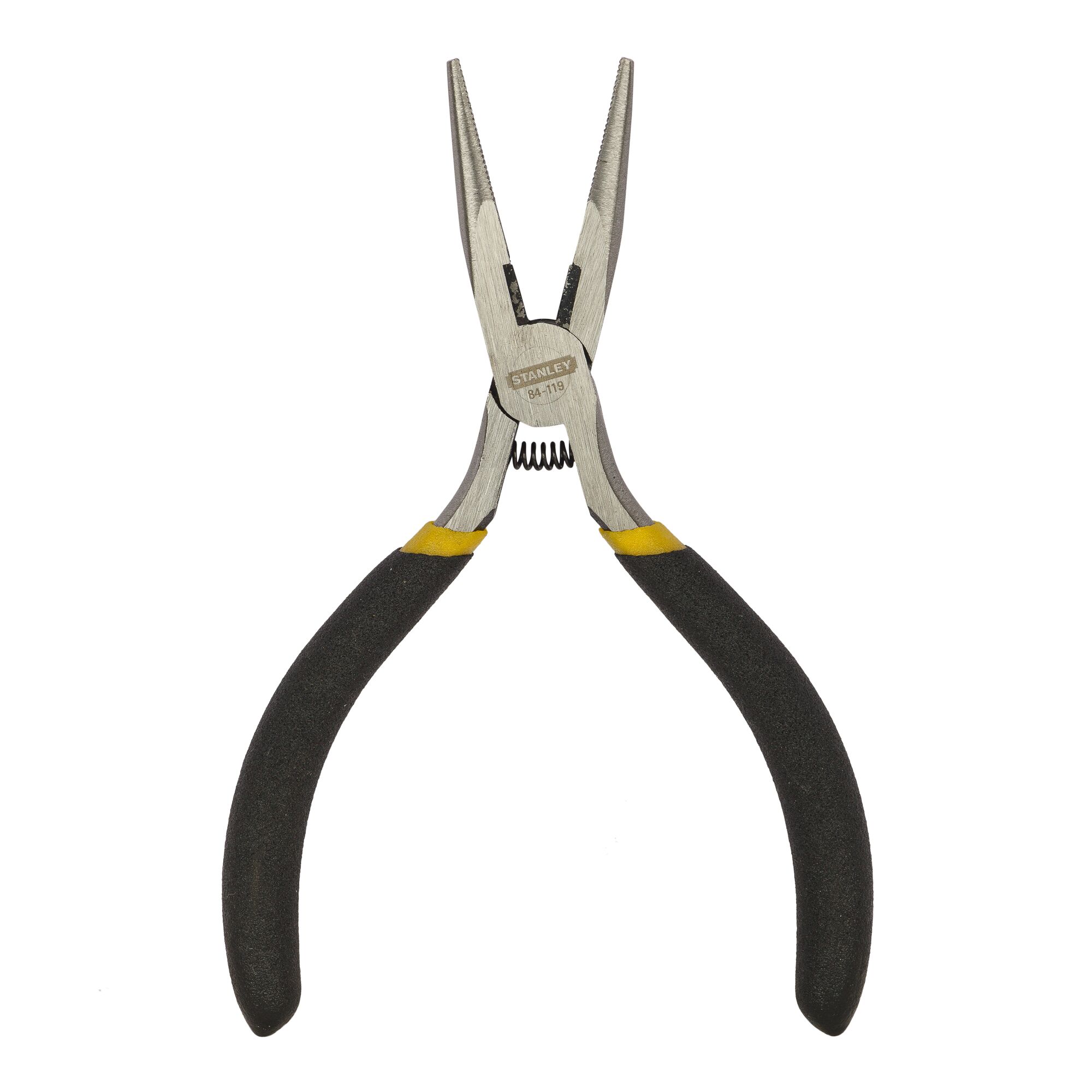 STANLEY STHT84119-8 long nose pliers with black and yellow handles, front angle on white background.