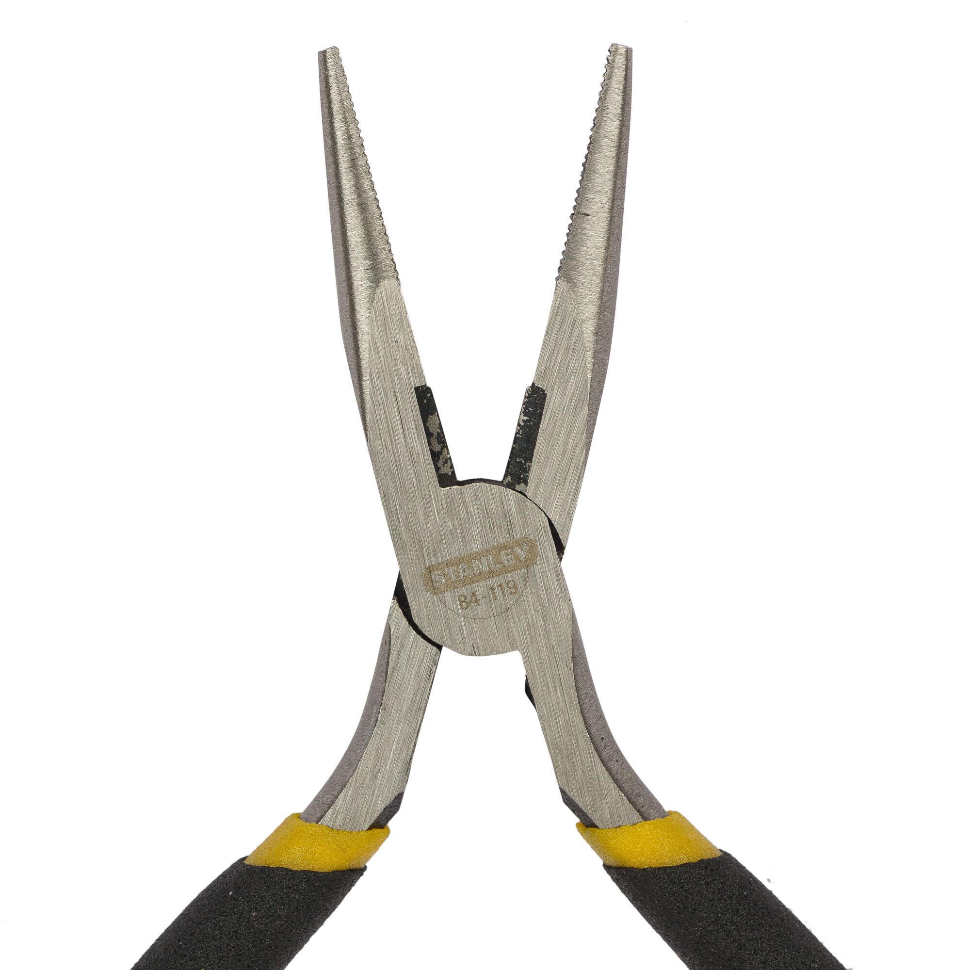 STANLEY STHT84119-8 long nose pliers, black and yellow handles, front angle, hand tool.