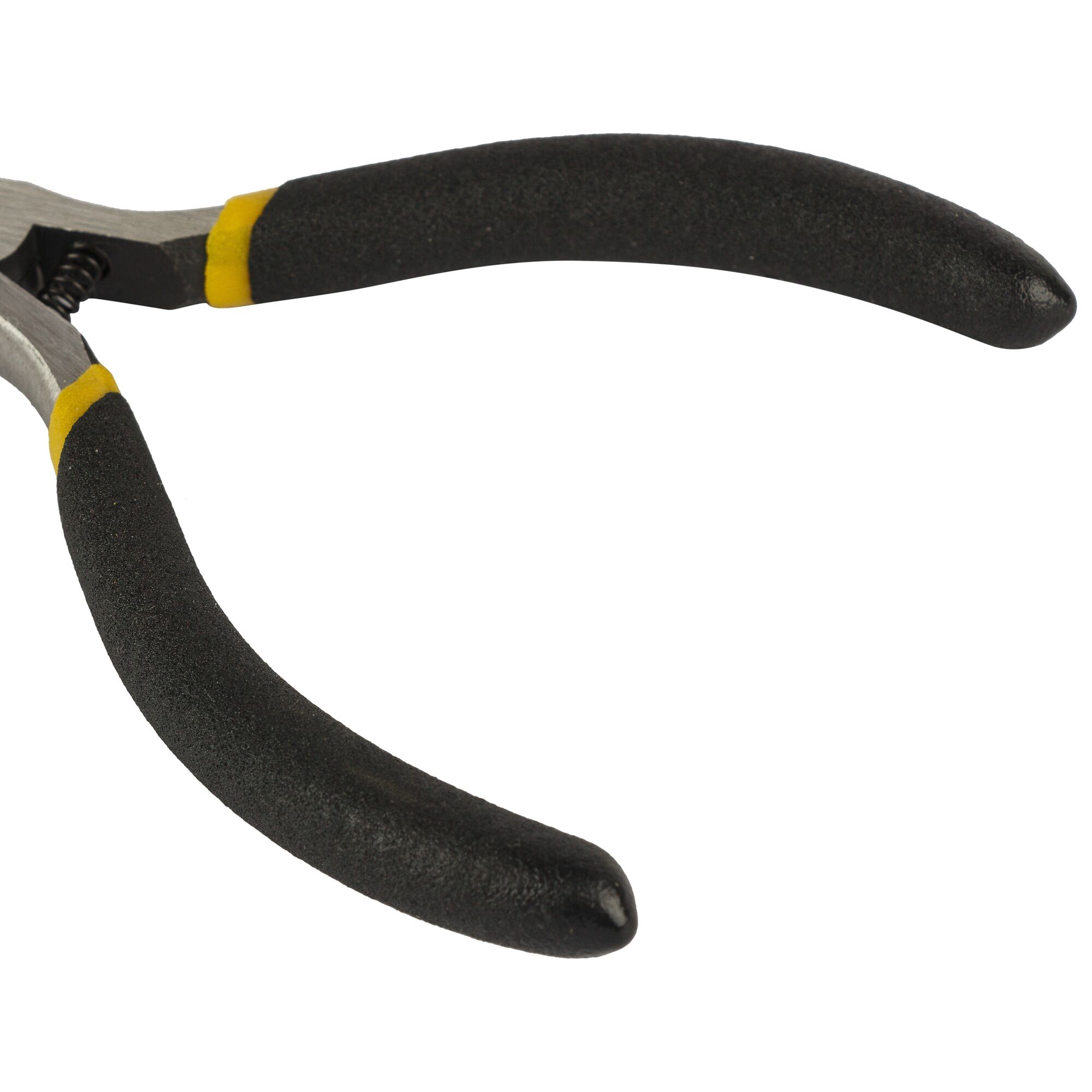 STANLEY STHT84119-8 pliers with black and yellow rubber handles, close-up angle on white background.