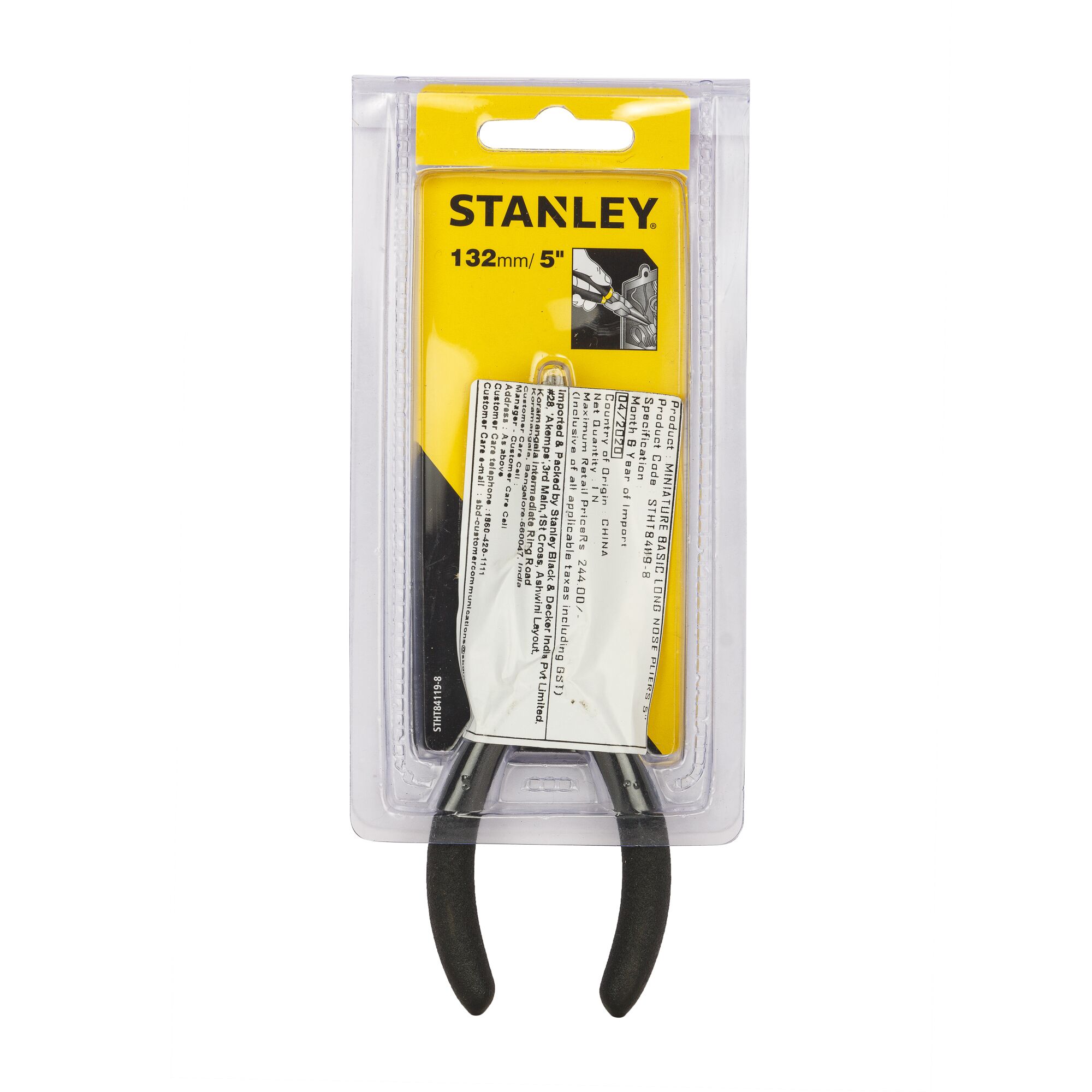 STANLEY STHT84119-8 pliers with black handles in packaging, front angle on white background.