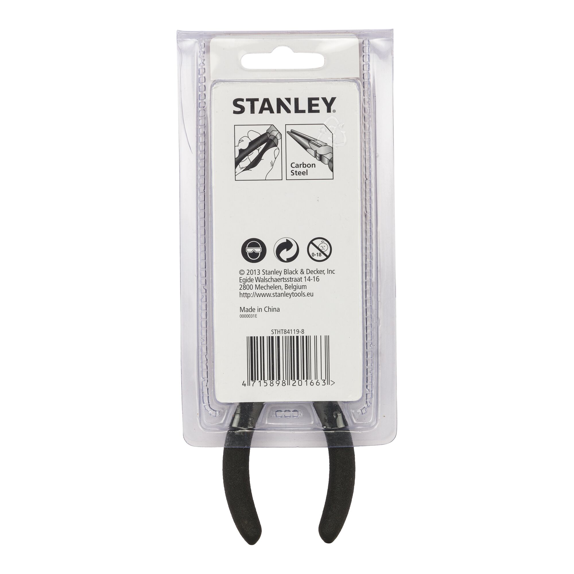 STANLEY STHT84119-8 pliers packaging back view on white background, shows barcode and carbon steel feature.