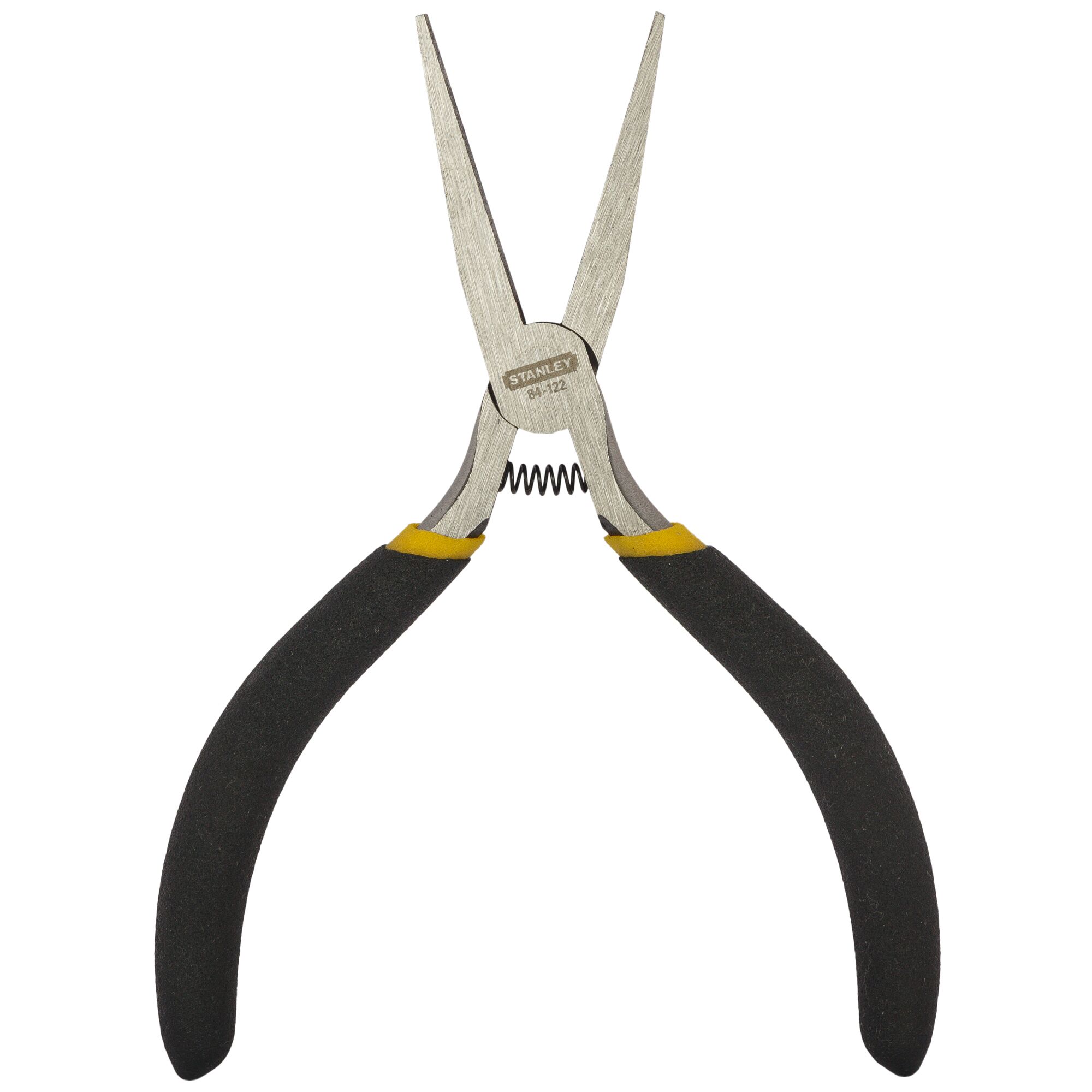 STANLEY STHT84122-8 long nose pliers with black and yellow handles, front view on white background.