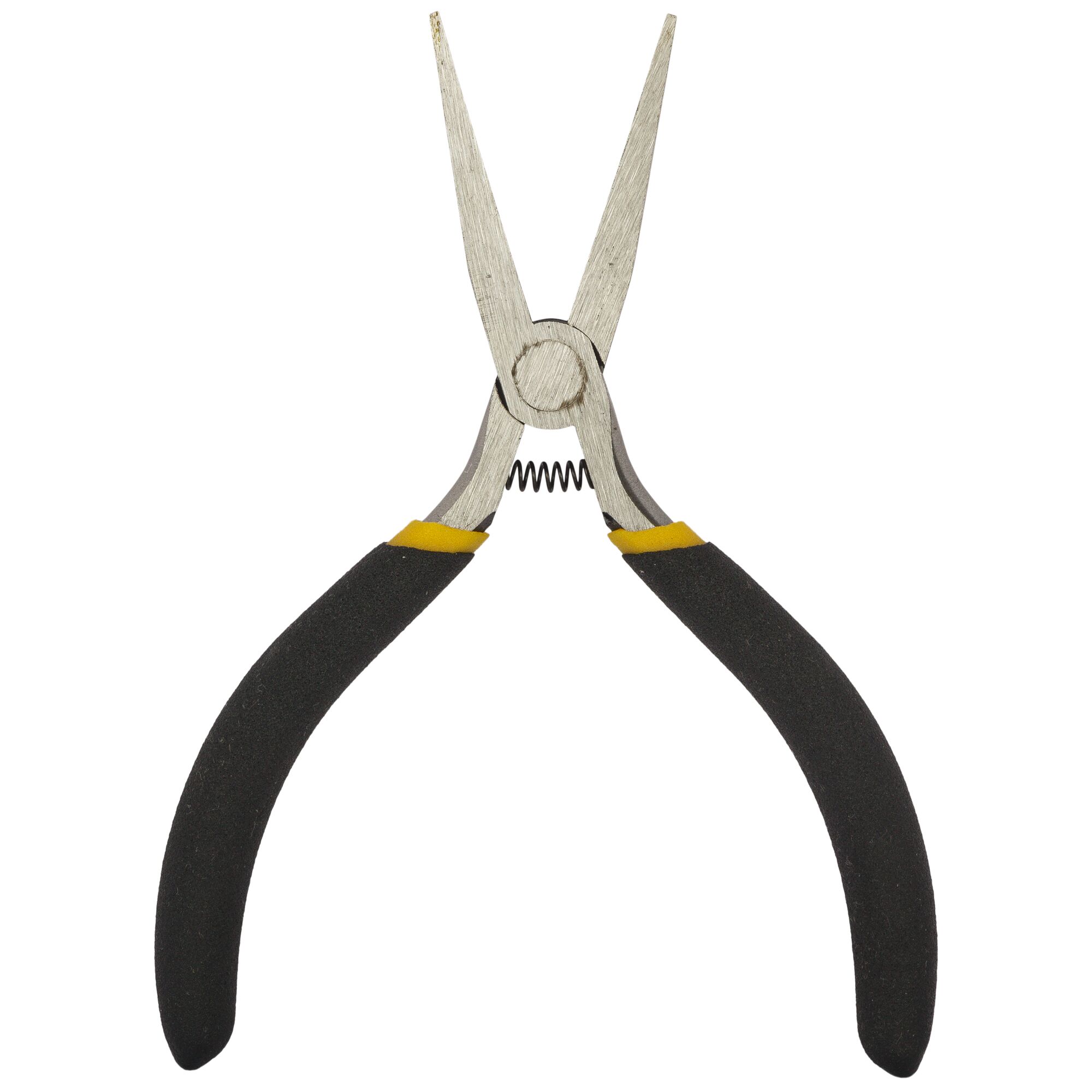 STANLEY STHT84122-8 long nose pliers with black and yellow handles, front angle, white background.