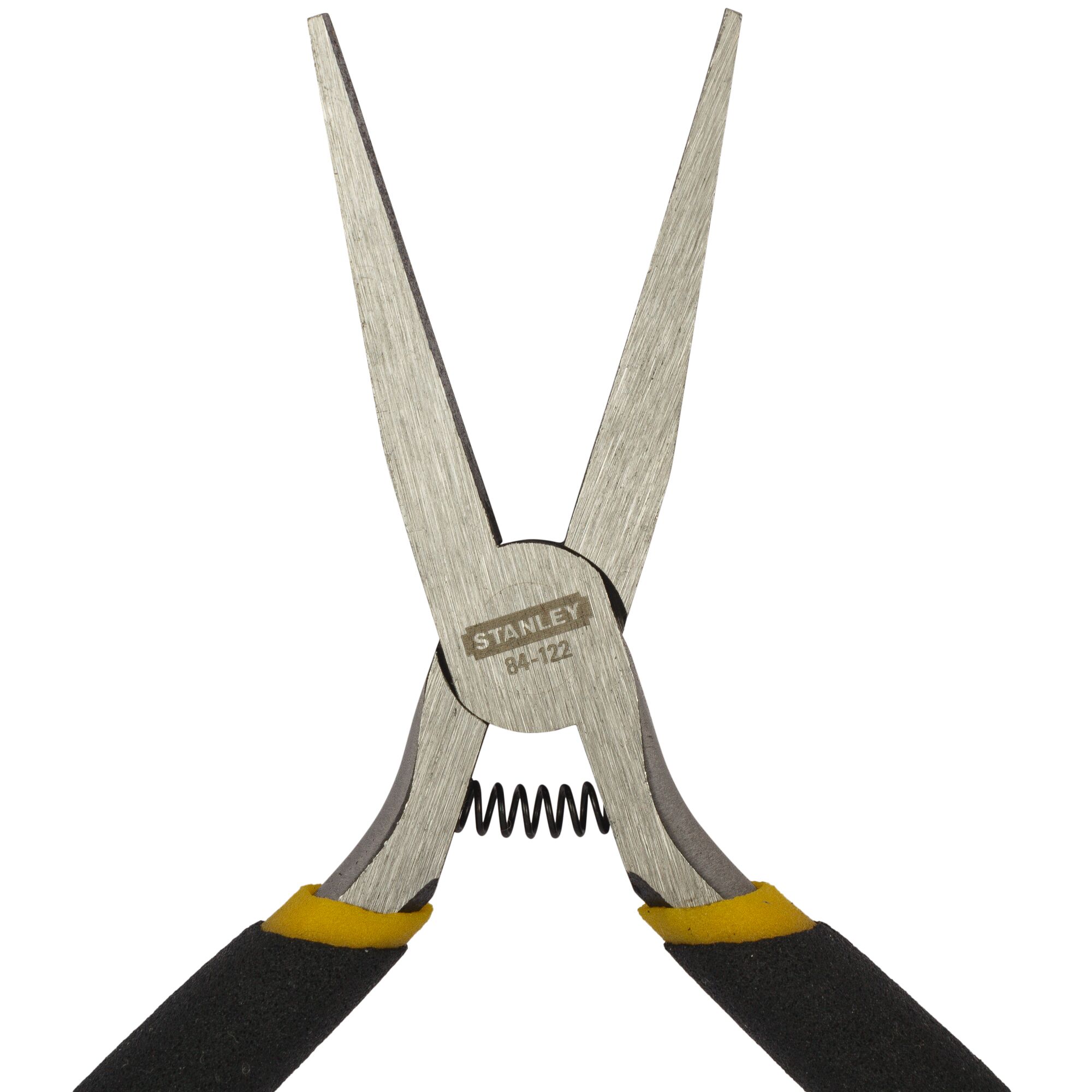 Photo of STANLEY STHT84122-8 long nose pliers with black and yellow handles, front angle, white background.