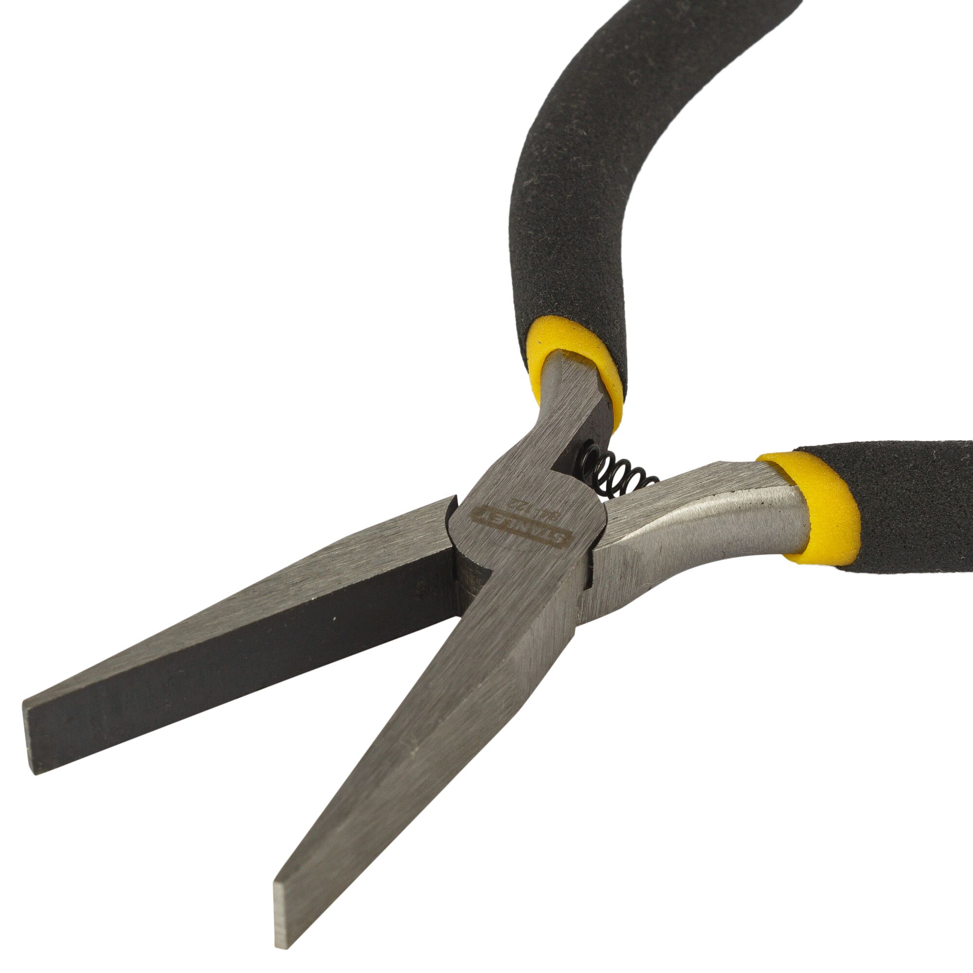 STANLEY STHT84122-8 long nose pliers with black and yellow handles, angled view, white background.
