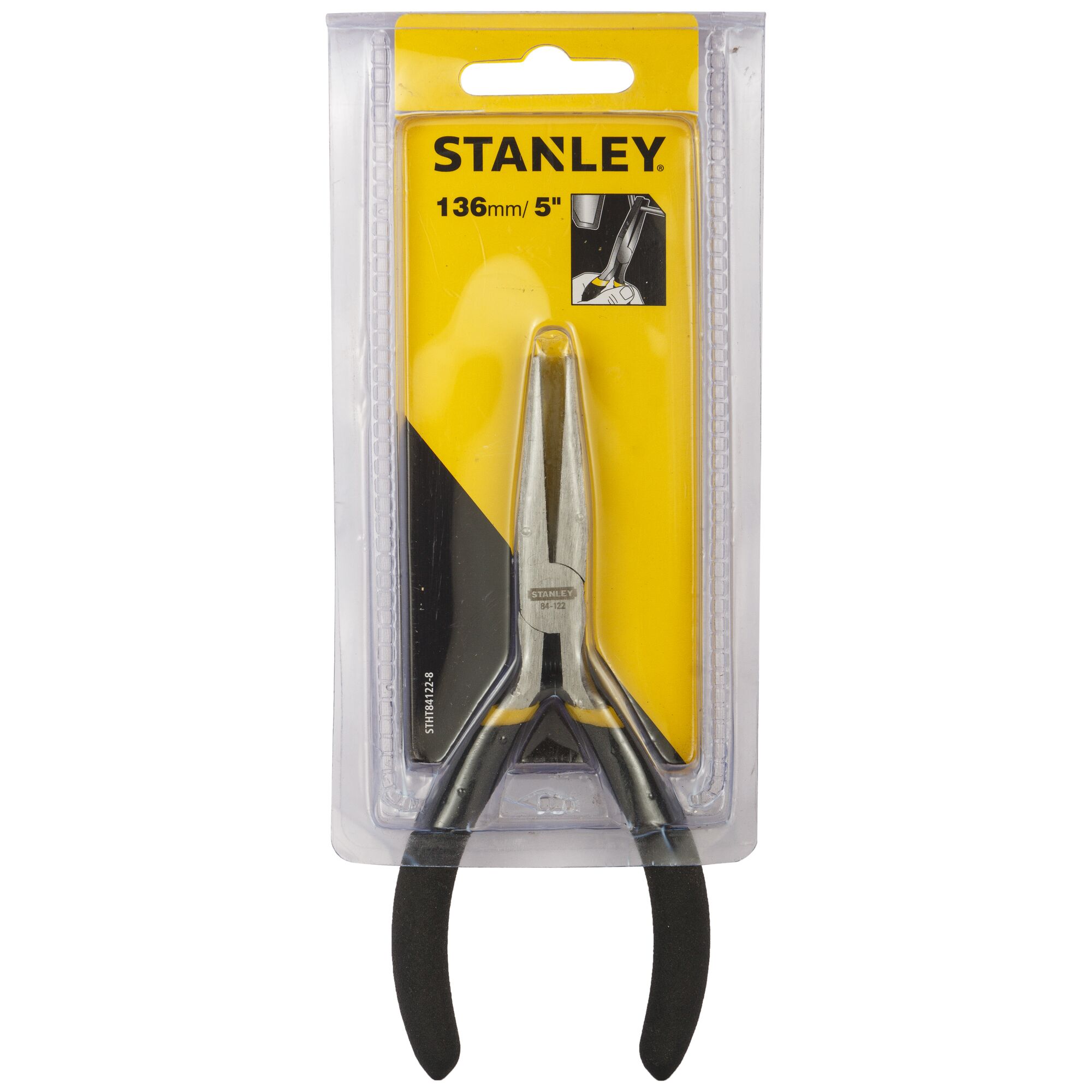 STANLEY STHT84122-8 136mm long nose pliers in packaging, front angle, with yellow and black card.