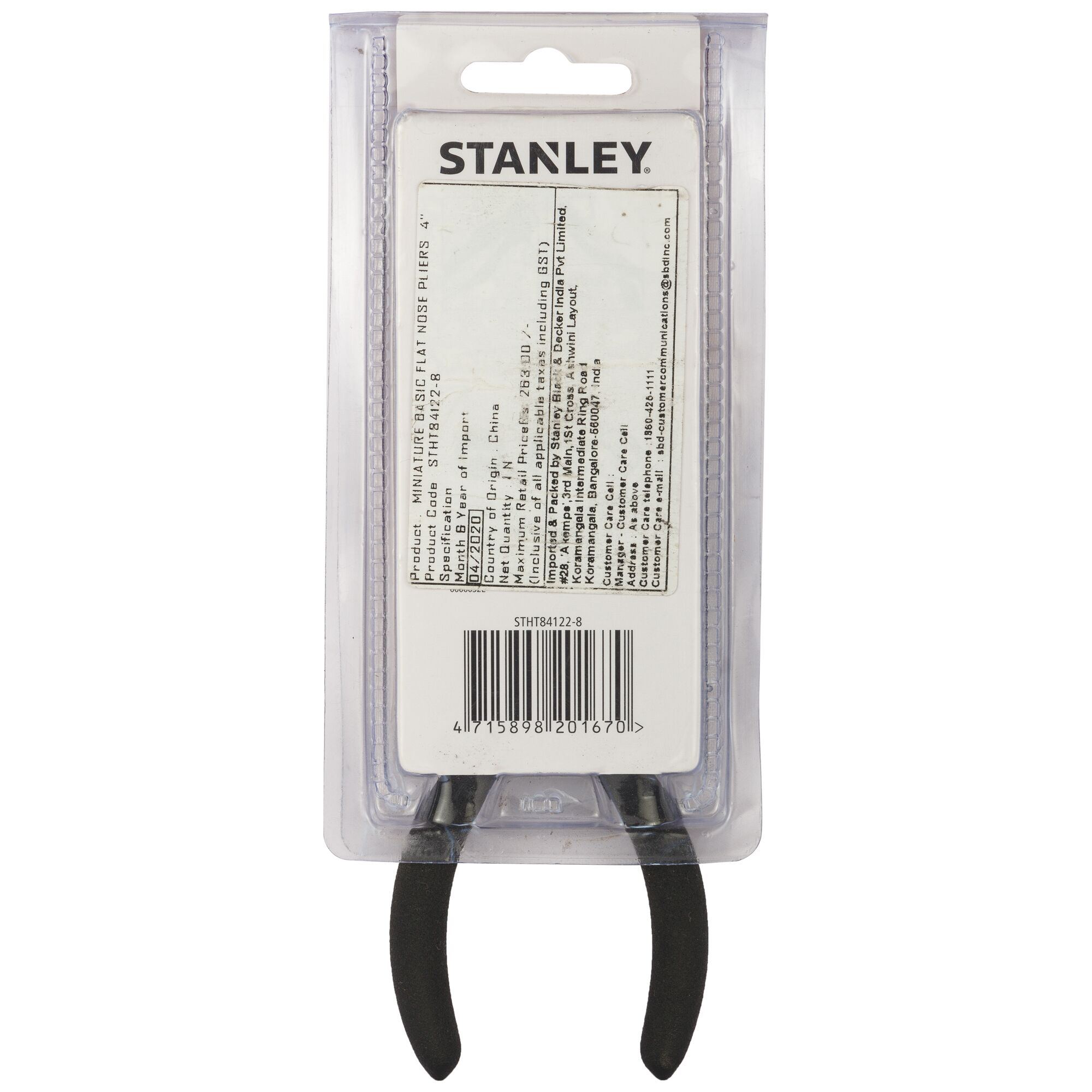 Stanley STHT84122-8 miniature flat nose pliers in retail packaging, rear view showing handles and product label.