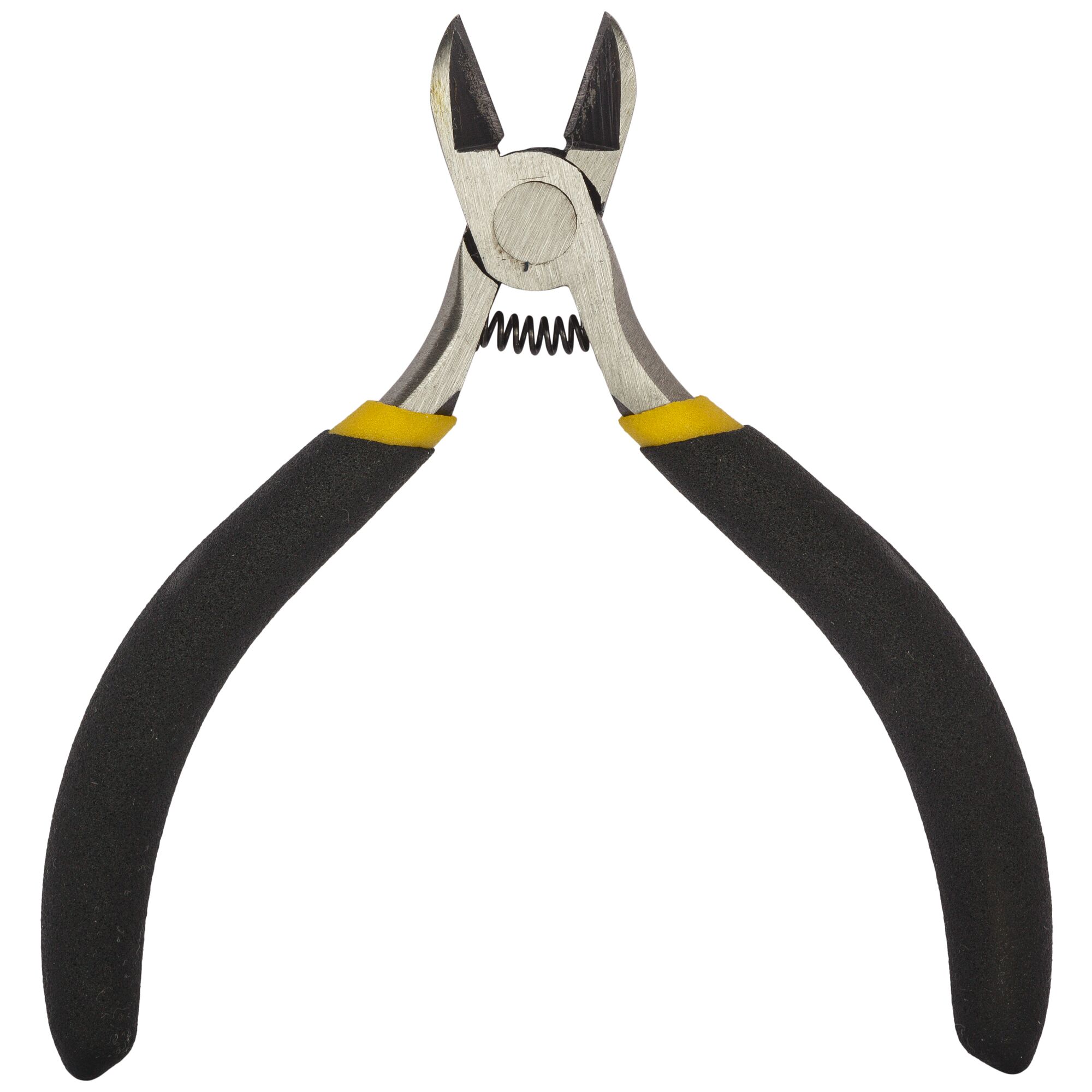 STANLEY STHT84124-8 diagonal cutting pliers with black and yellow handles, front angle, on white background.