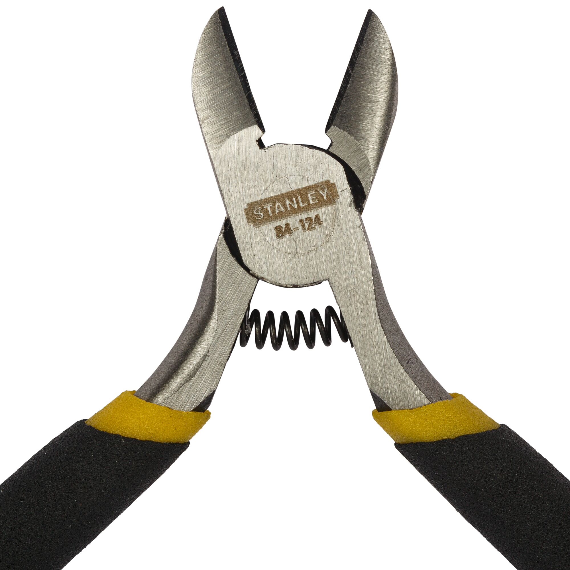 Stanley STHT84124-8 diagonal cutting pliers, black and yellow handles, front angle, white background.